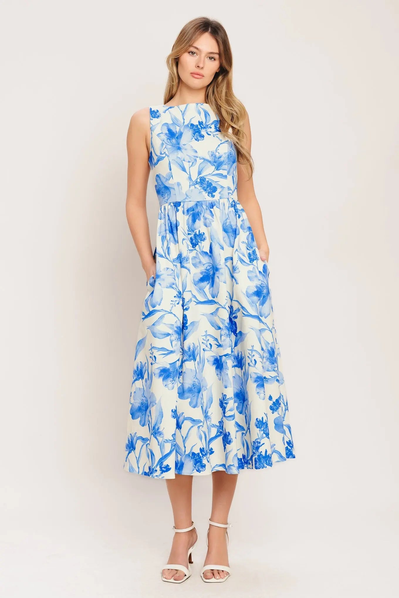 Porcelain Floral Printed Woven Midi Dress With Sleeveless Wide Neckline Flying Tomato