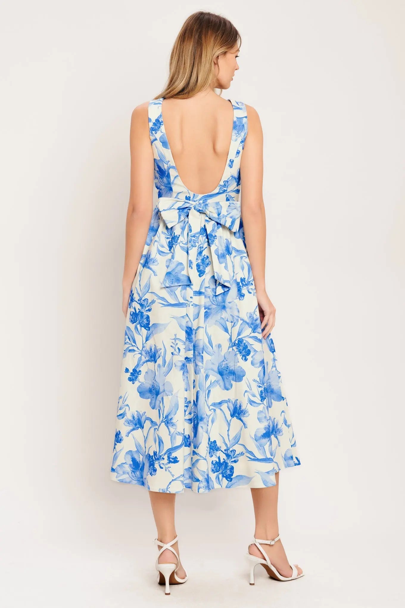 Porcelain Floral Printed Woven Midi Dress With Sleeveless Wide Neckline Flying Tomato