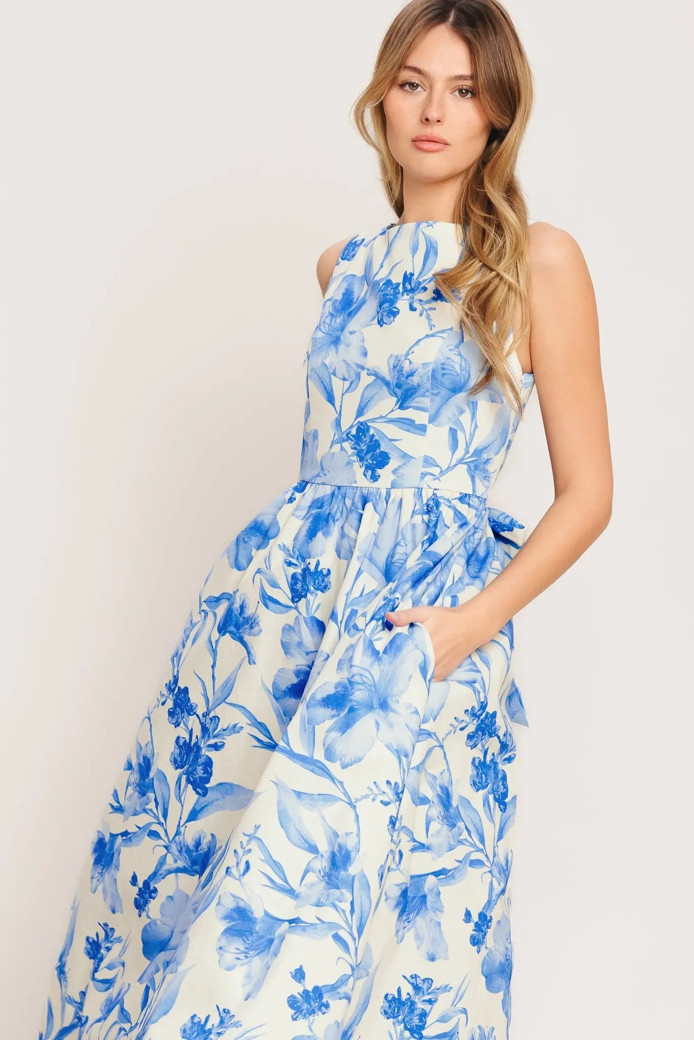 Porcelain Floral Printed Woven Midi Dress With Sleeveless Wide Neckline Flying Tomato