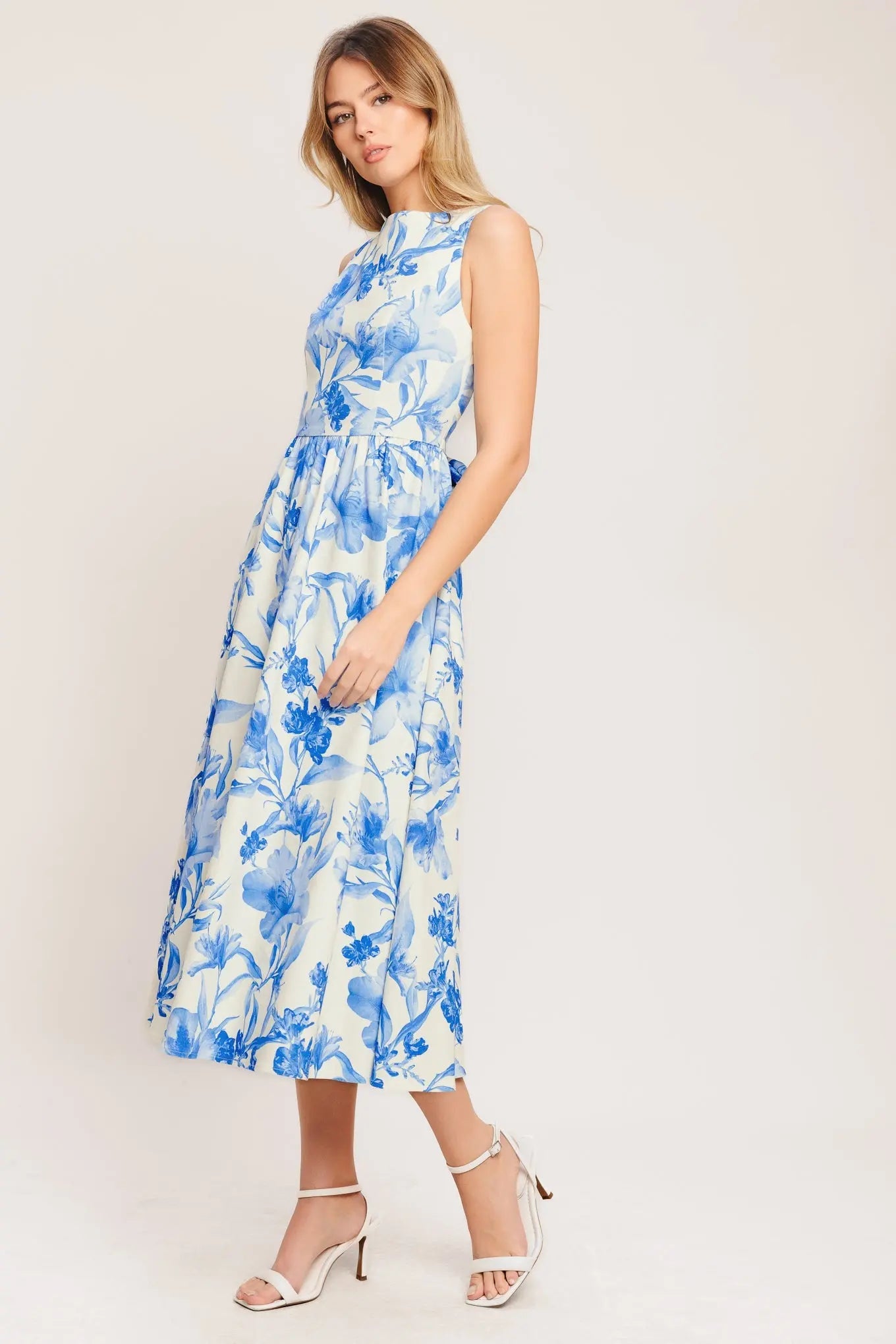 Porcelain Floral Printed Woven Midi Dress With Sleeveless Wide Neckline Flying Tomato