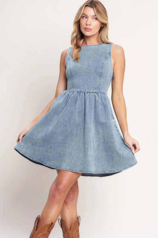Casual Washed Denim Mini Dress With Wide Neckline And Ribbon Back Flying Tomato