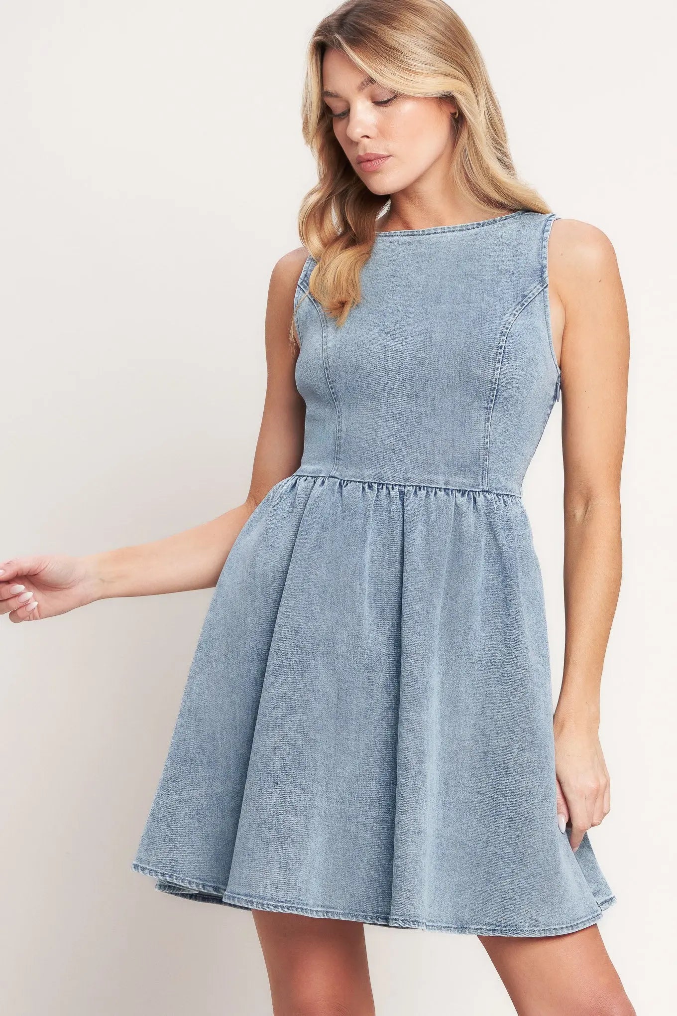 Casual Washed Denim Mini Dress With Wide Neckline And Ribbon Back Flying Tomato