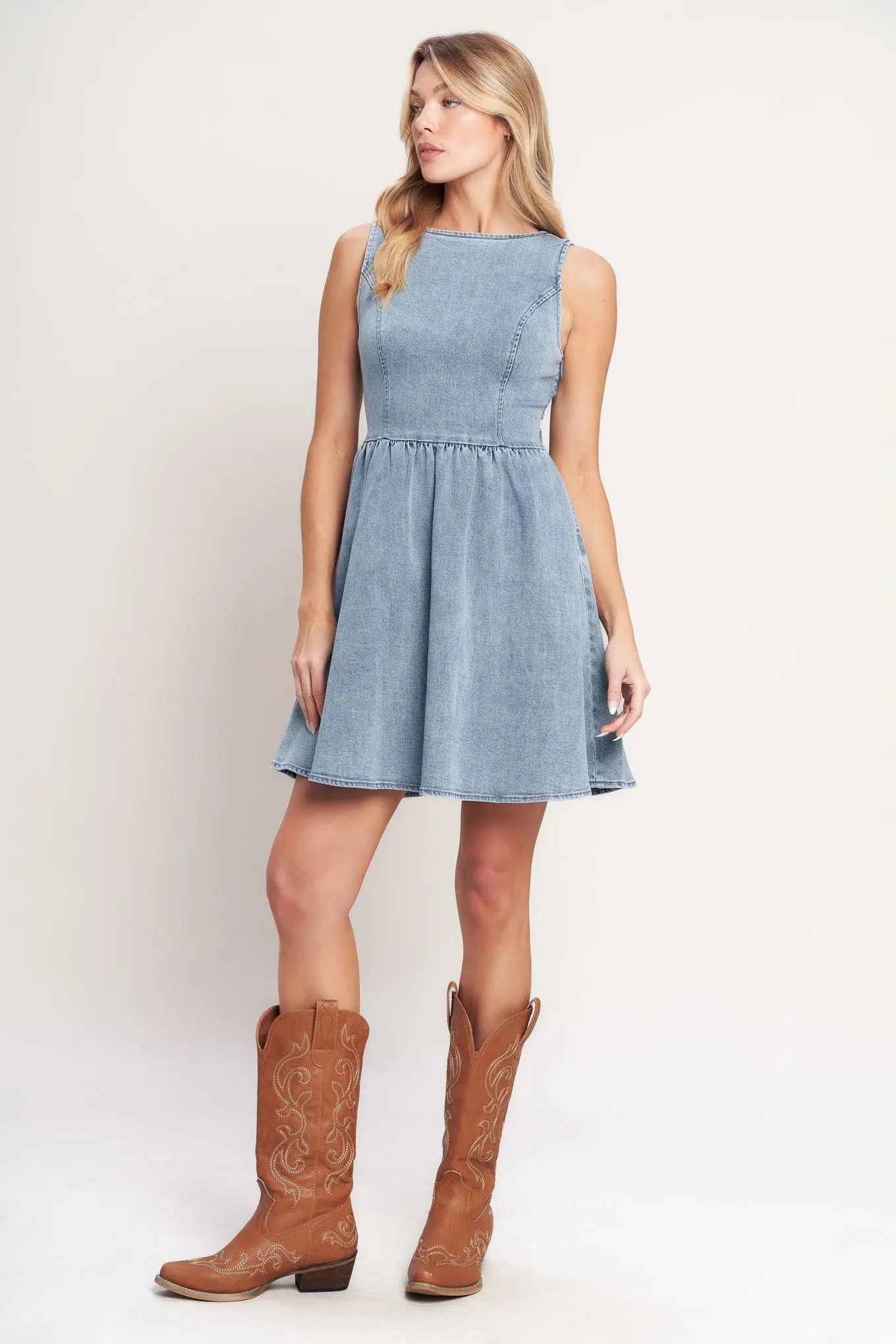 Casual Washed Denim Mini Dress With Wide Neckline And Ribbon Back Flying Tomato