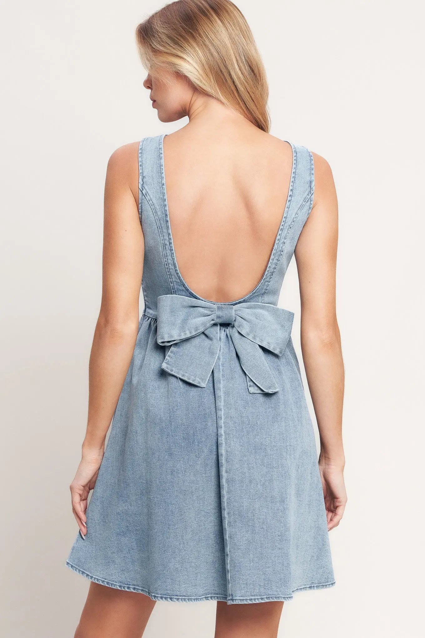 Casual Washed Denim Mini Dress With Wide Neckline And Ribbon Back Flying Tomato