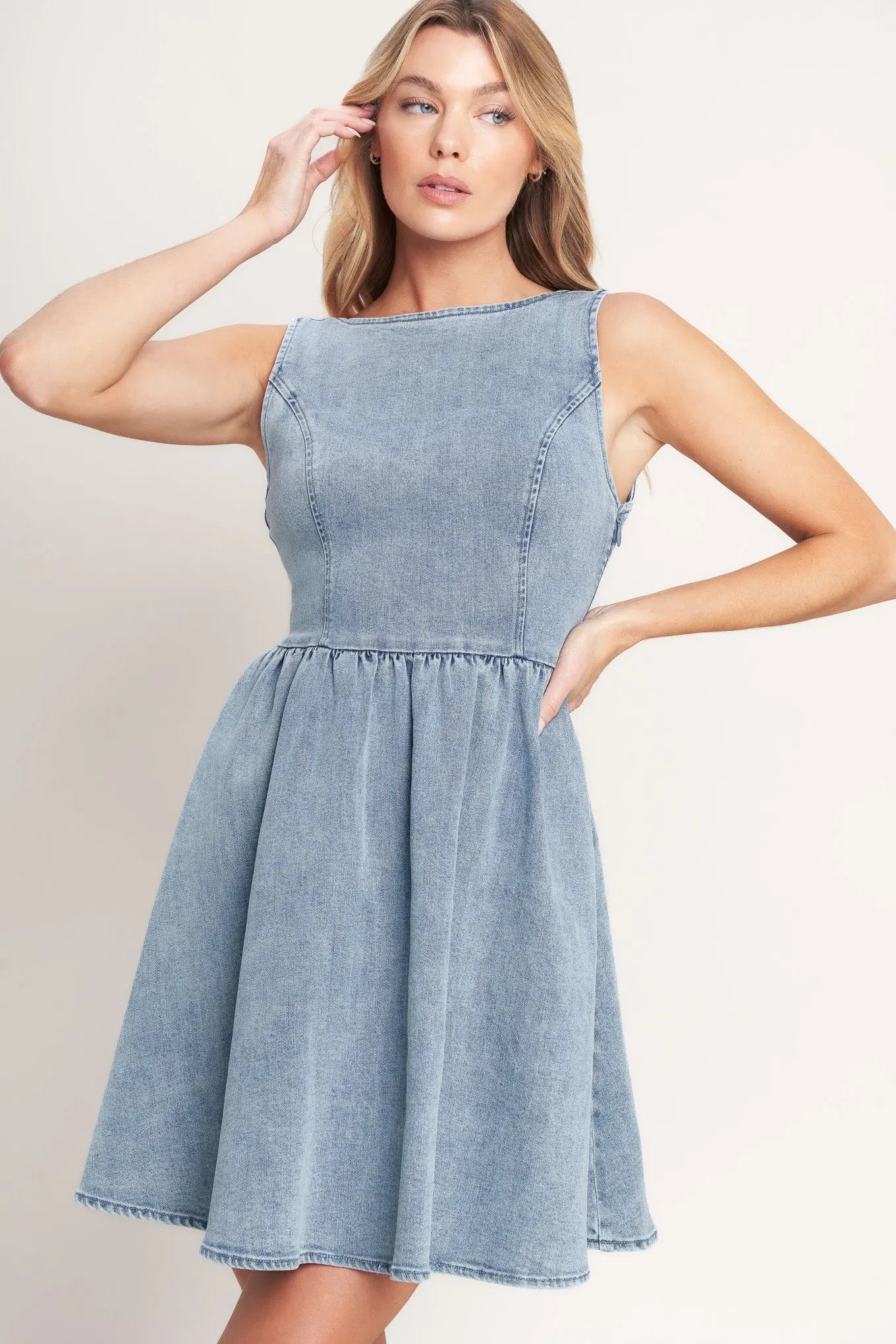 Casual Washed Denim Mini Dress With Wide Neckline And Ribbon Back Flying Tomato