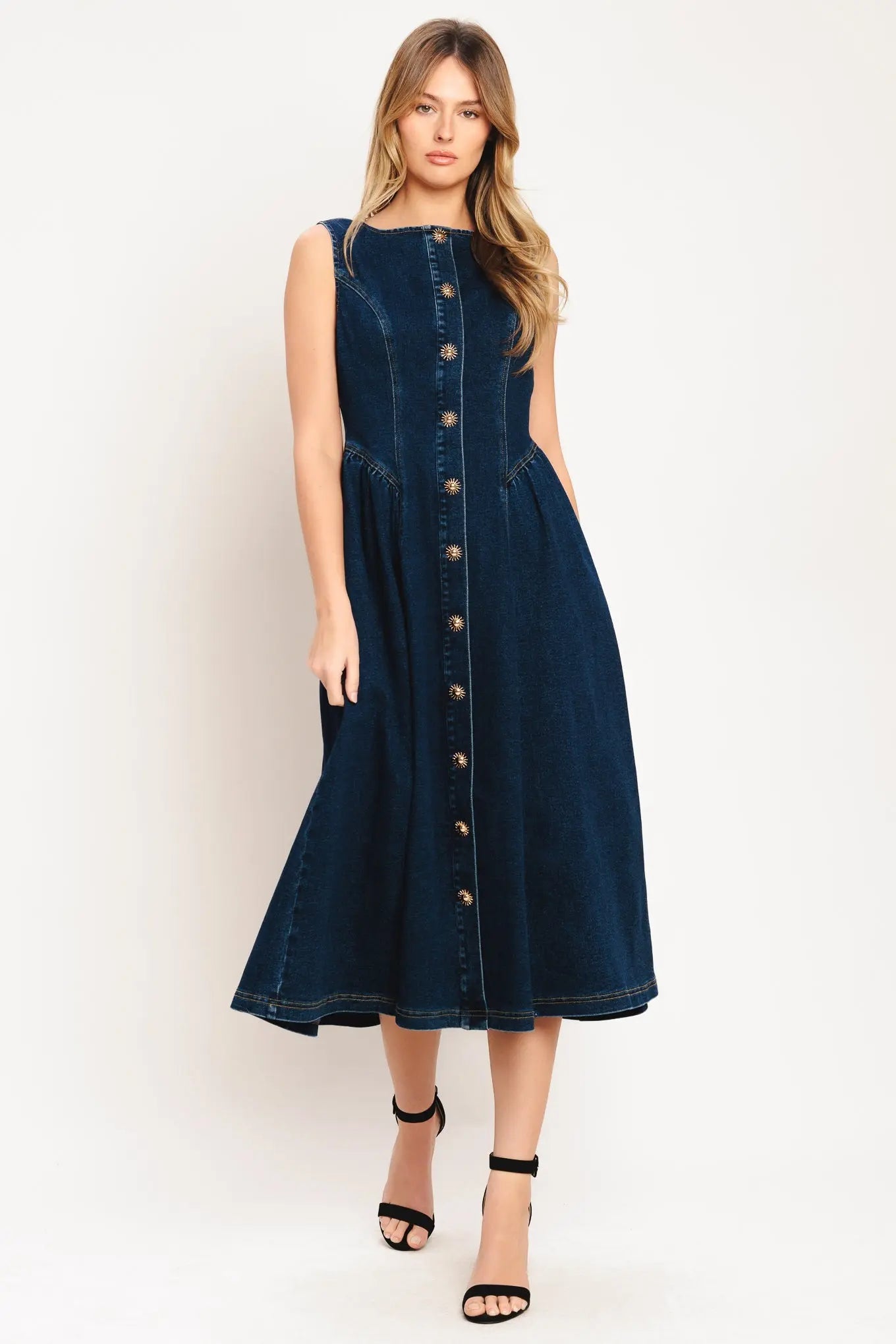 Denim Midi Dress With Front Button Down Sleeveless Round Neckline Circle Skirt Flying Tomato