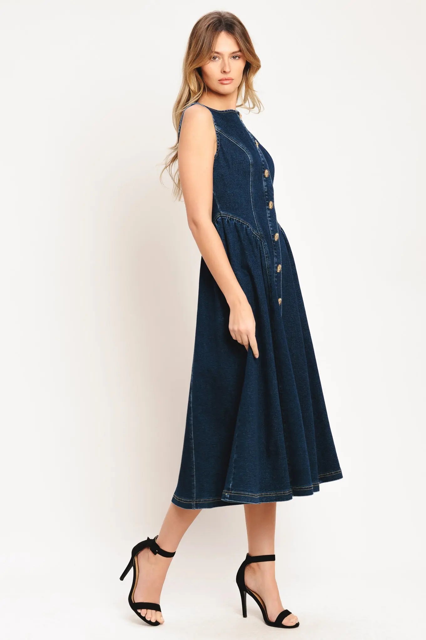 Denim Midi Dress With Front Button Down Sleeveless Round Neckline Circle Skirt Flying Tomato