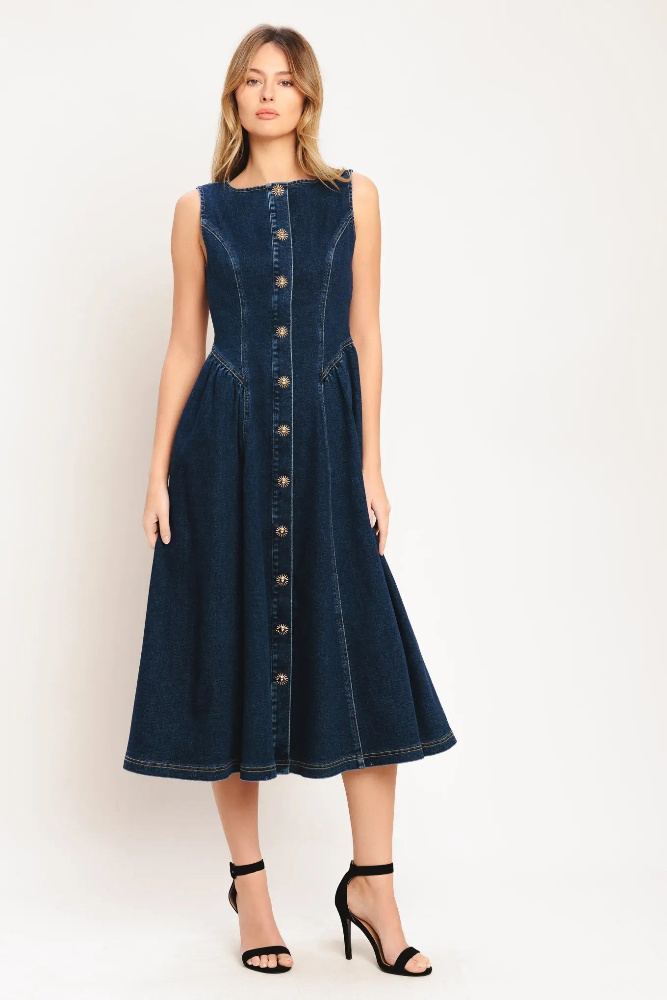 Denim Midi Dress With Front Button Down Sleeveless Round Neckline Circle Skirt Flying Tomato
