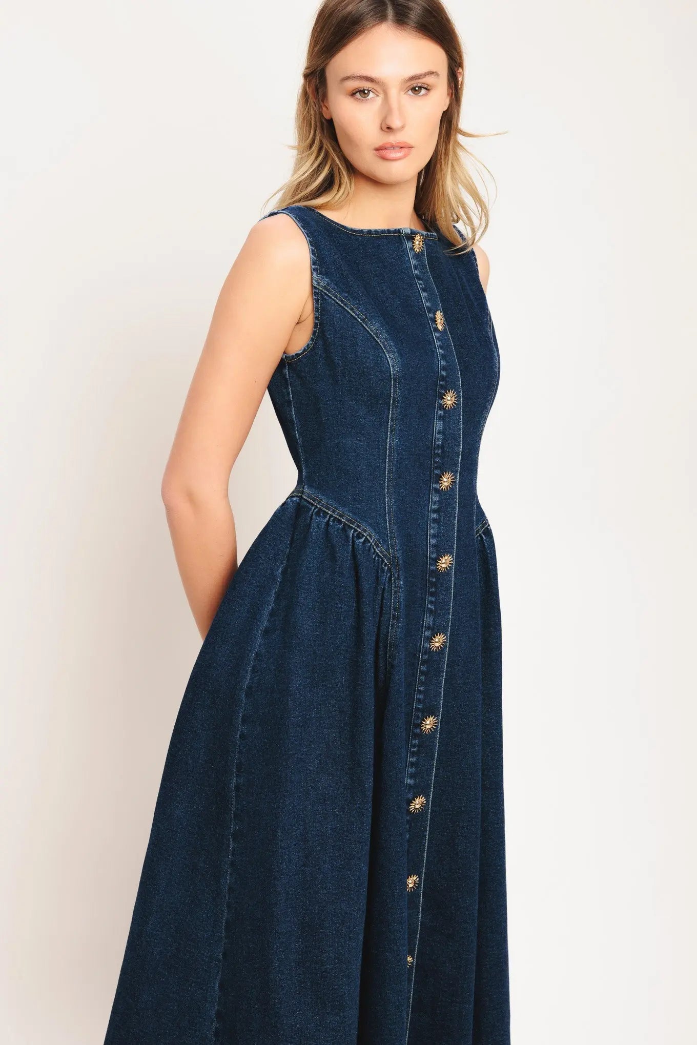 Denim Midi Dress With Front Button Down Sleeveless Round Neckline Circle Skirt Flying Tomato