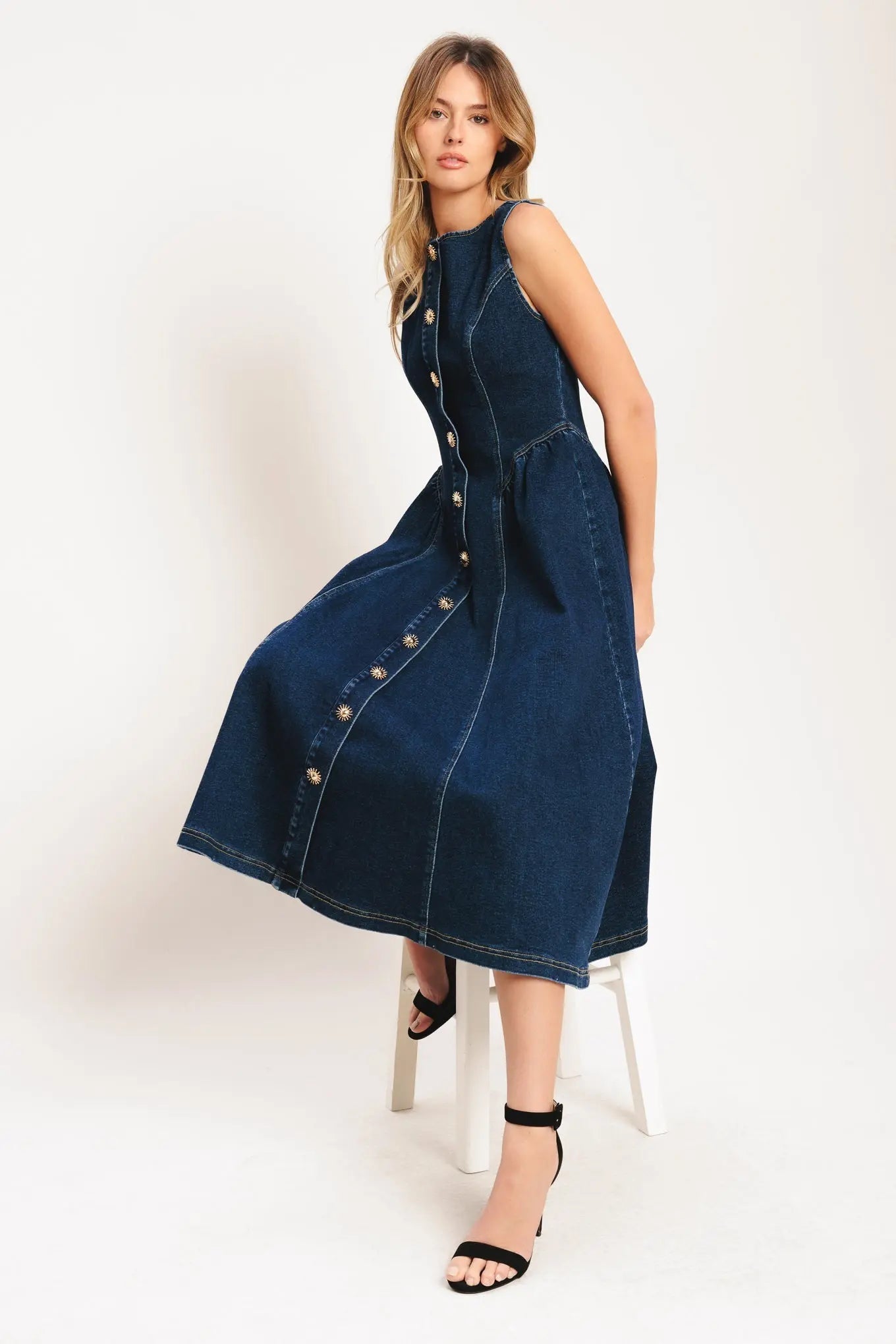 Denim Midi Dress With Front Button Down Sleeveless Round Neckline Circle Skirt Flying Tomato