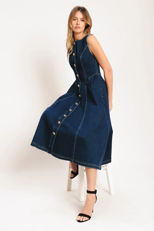 Denim Midi Dress With Front Button Down Sleeveless Round Neckline Circle Skirt Flying Tomato