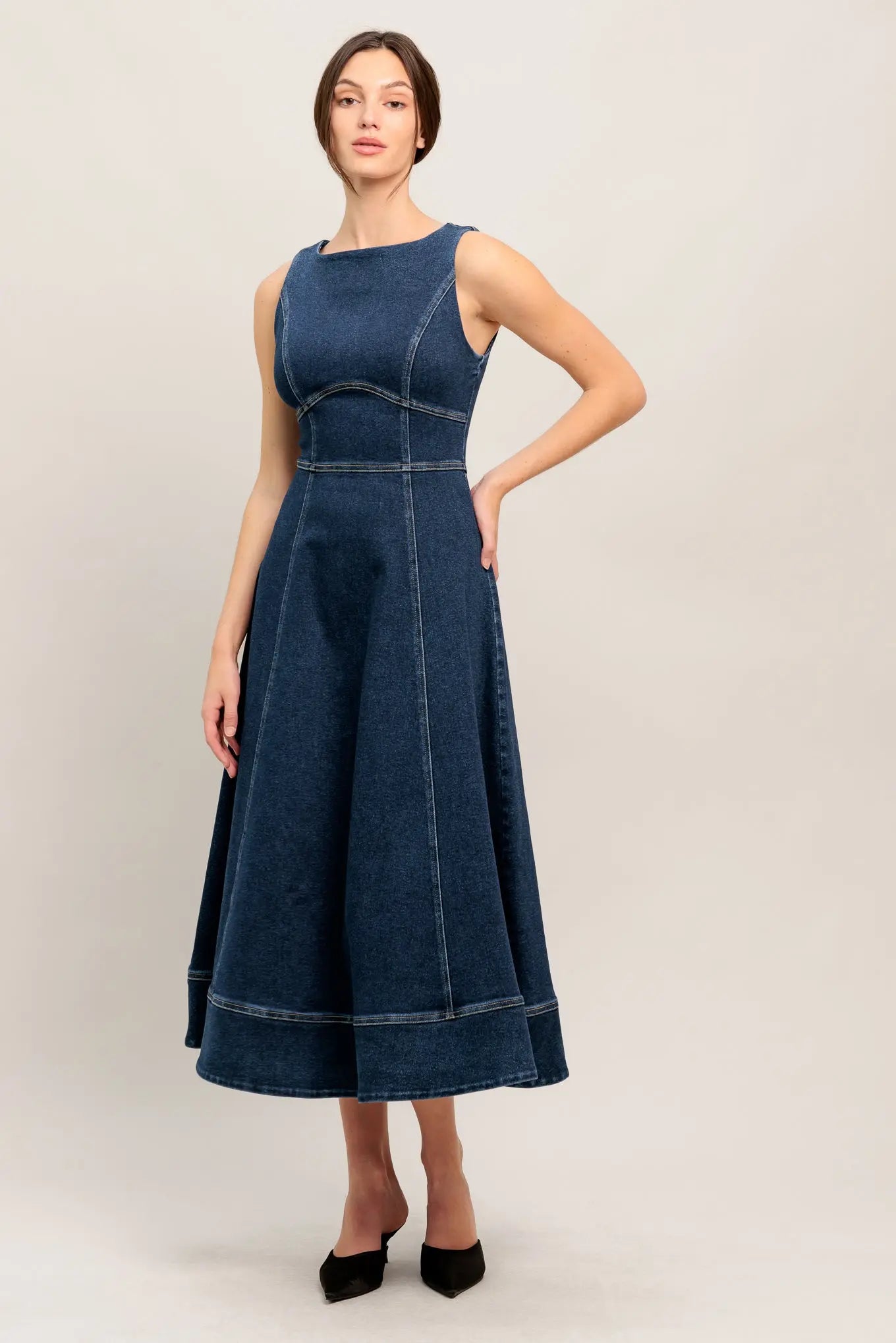 Washed Denim Midi Dress Sleeveless With Waist Yoke Circle Skirt Back Zipper Flying Tomato