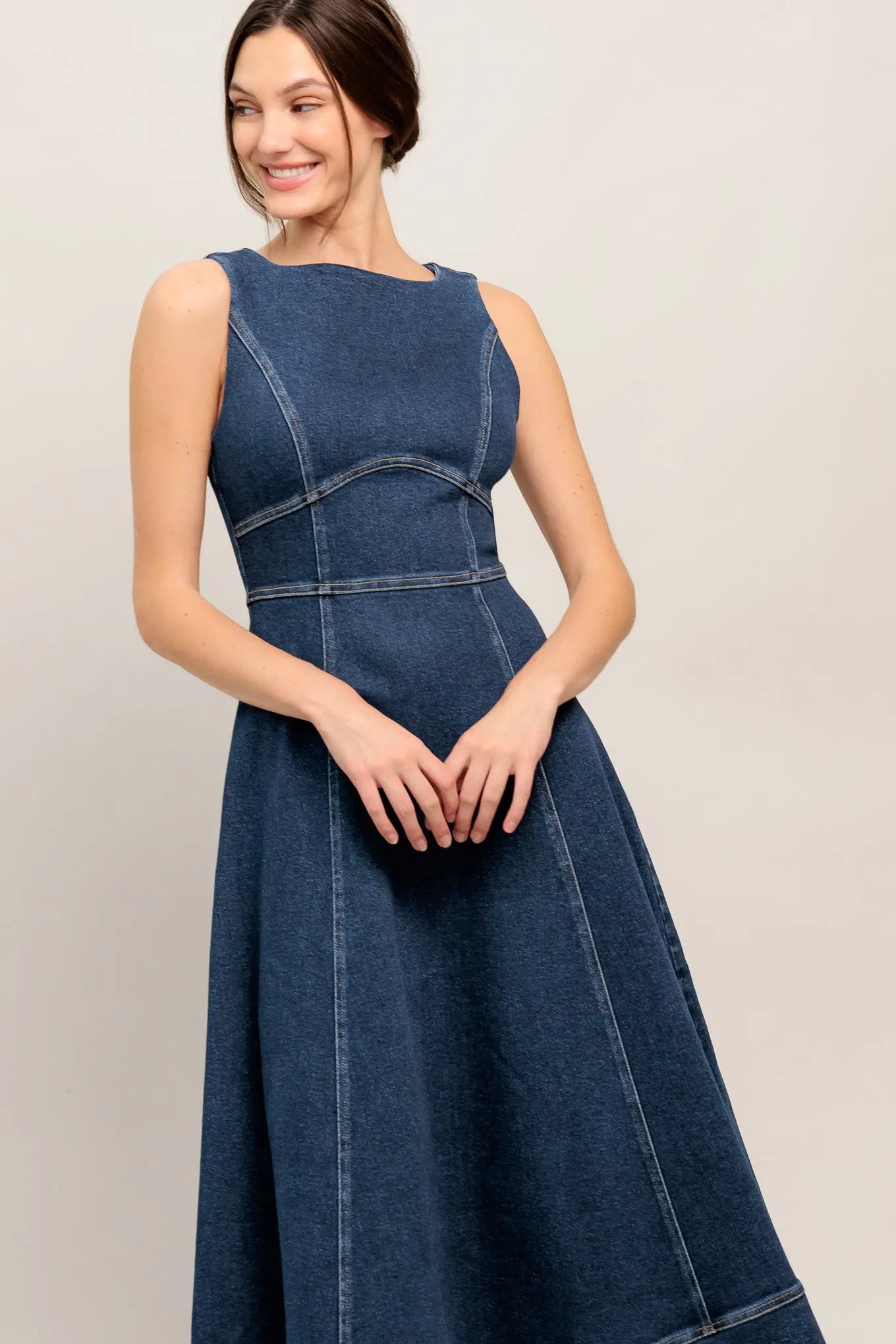 Washed Denim Midi Dress Sleeveless With Waist Yoke Circle Skirt Back Zipper Flying Tomato