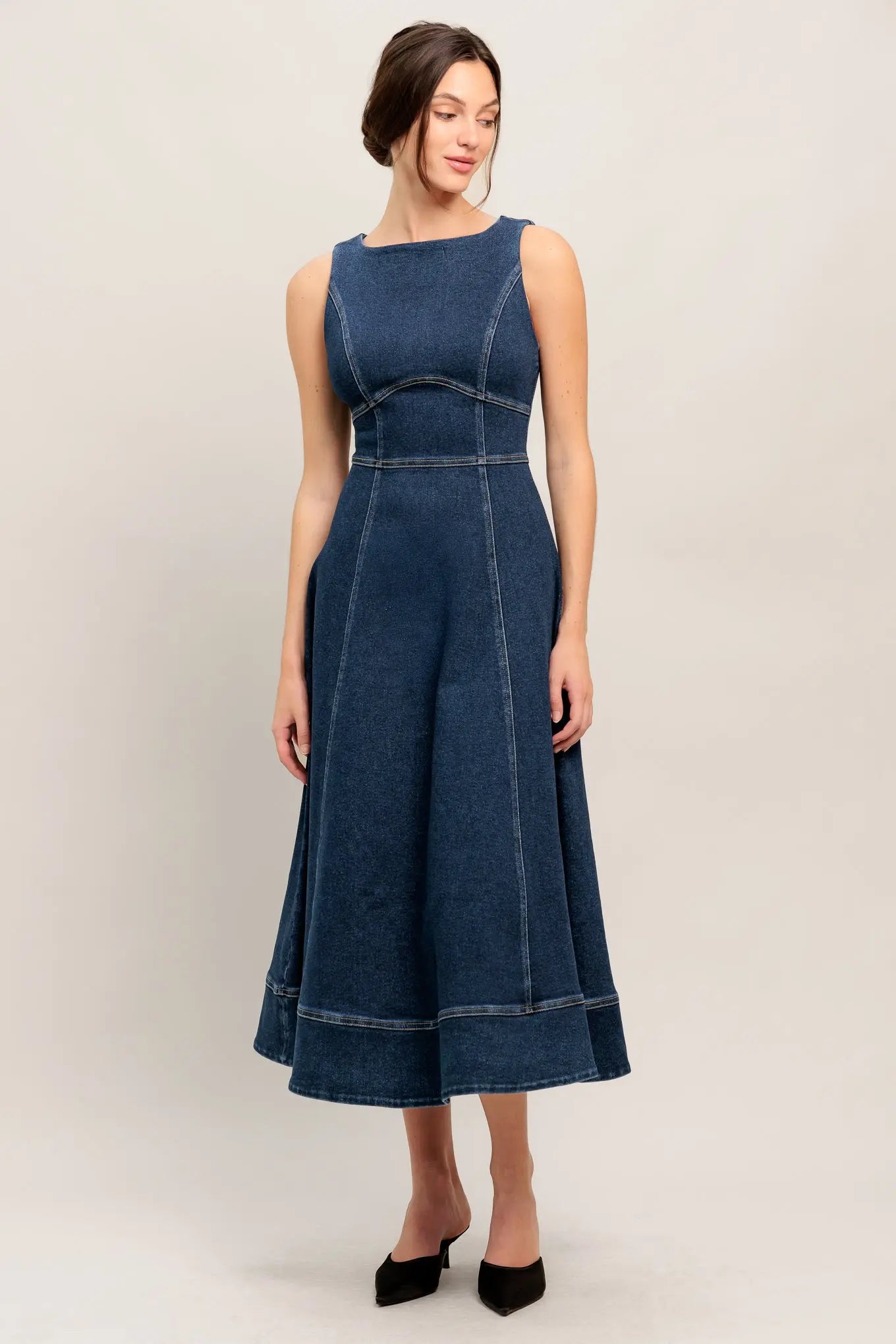 Washed Denim Midi Dress Sleeveless With Waist Yoke Circle Skirt Back Zipper Flying Tomato