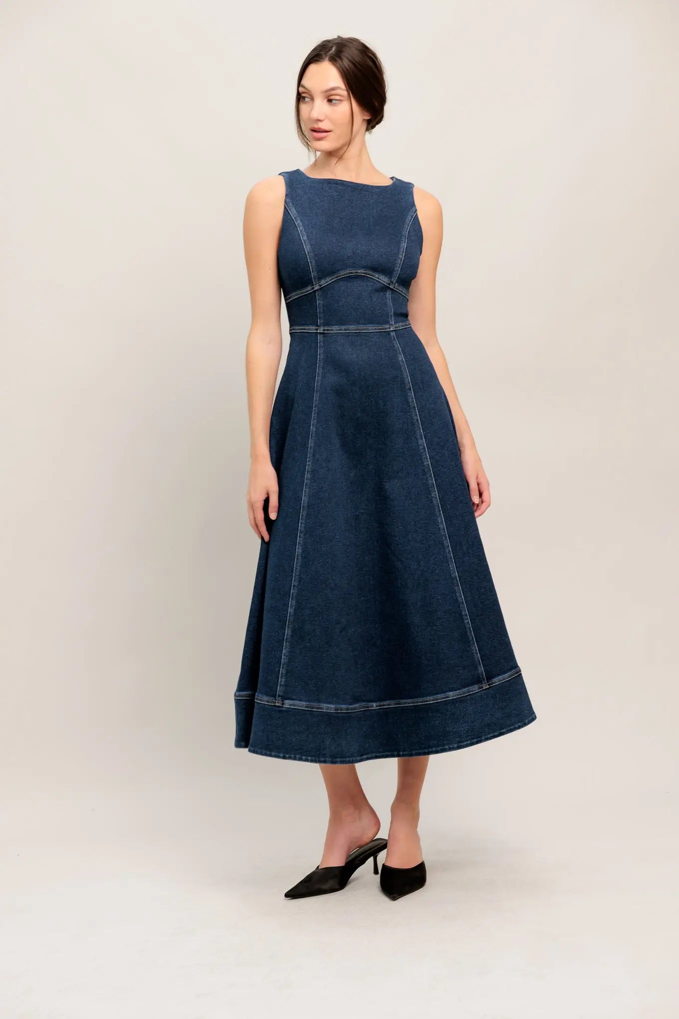 Washed Denim Midi Dress Sleeveless With Waist Yoke Circle Skirt Back Zipper Flying Tomato
