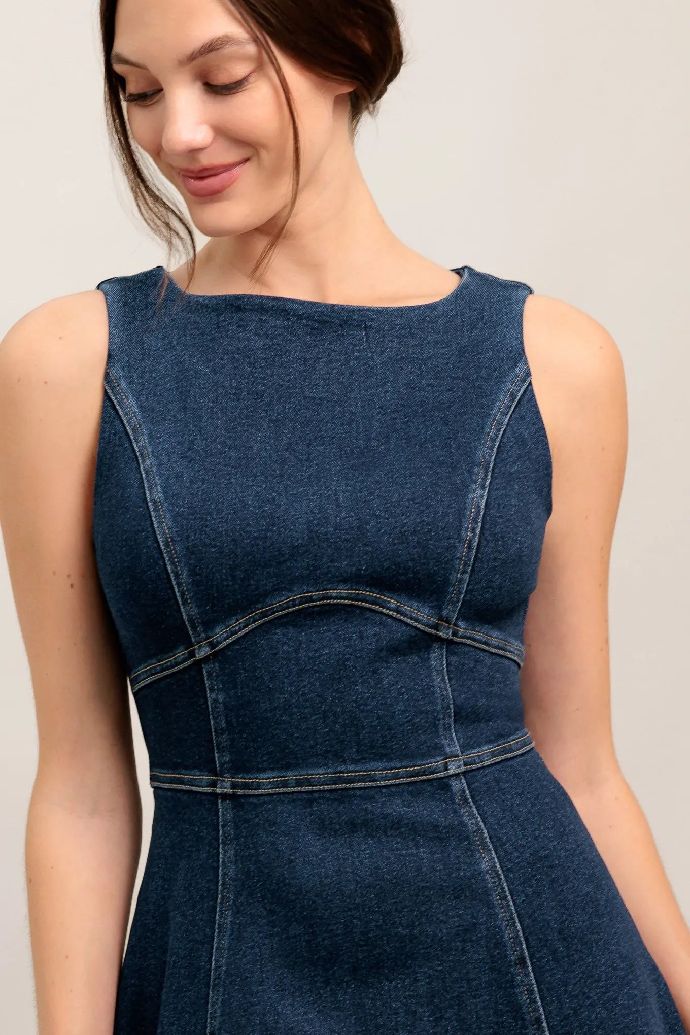 Washed Denim Midi Dress Sleeveless With Waist Yoke Circle Skirt Back Zipper Flying Tomato
