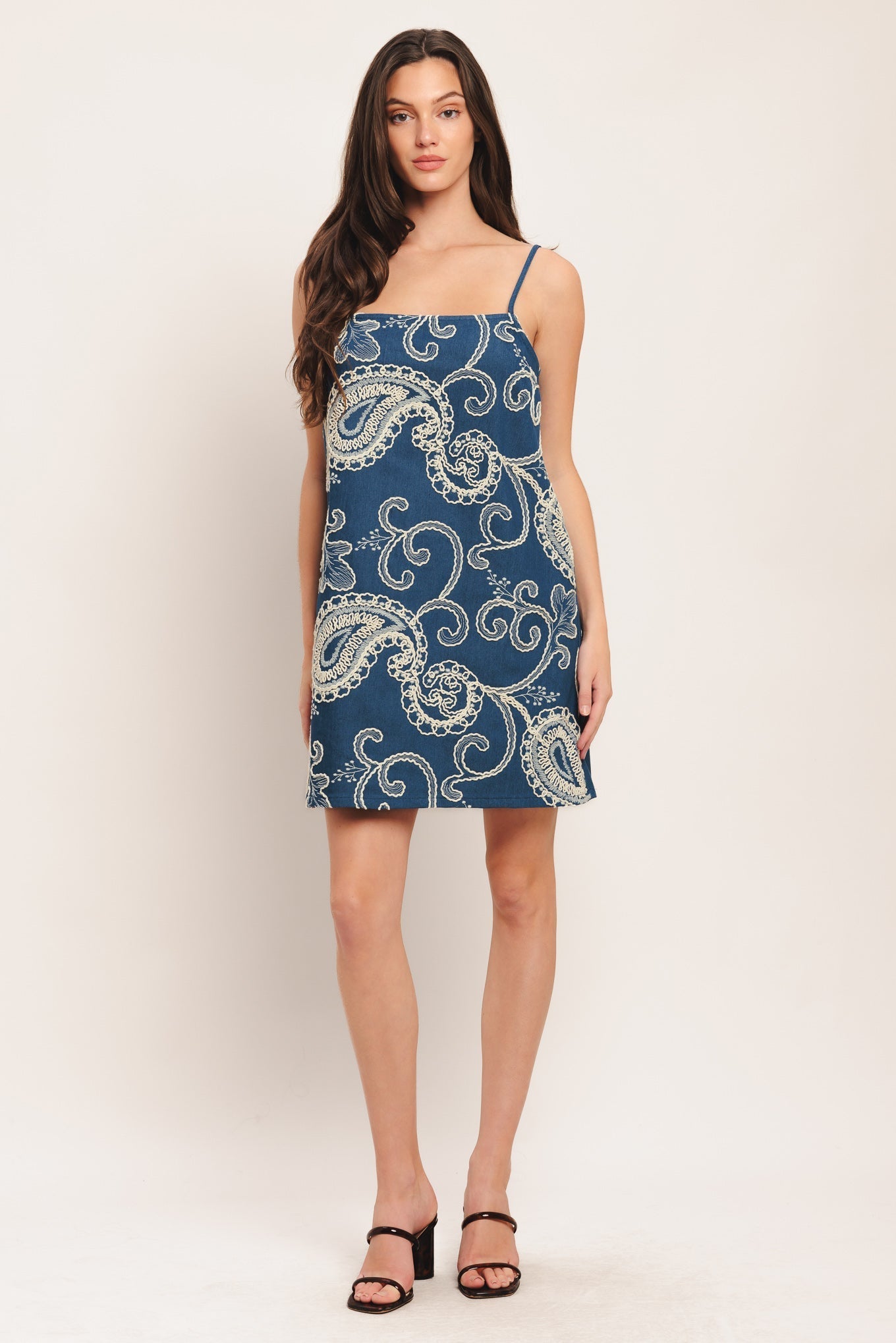 Sea Breeze Paisley Embroidered Denim Mini Dress With Spaghetti Straps Flying Tomato