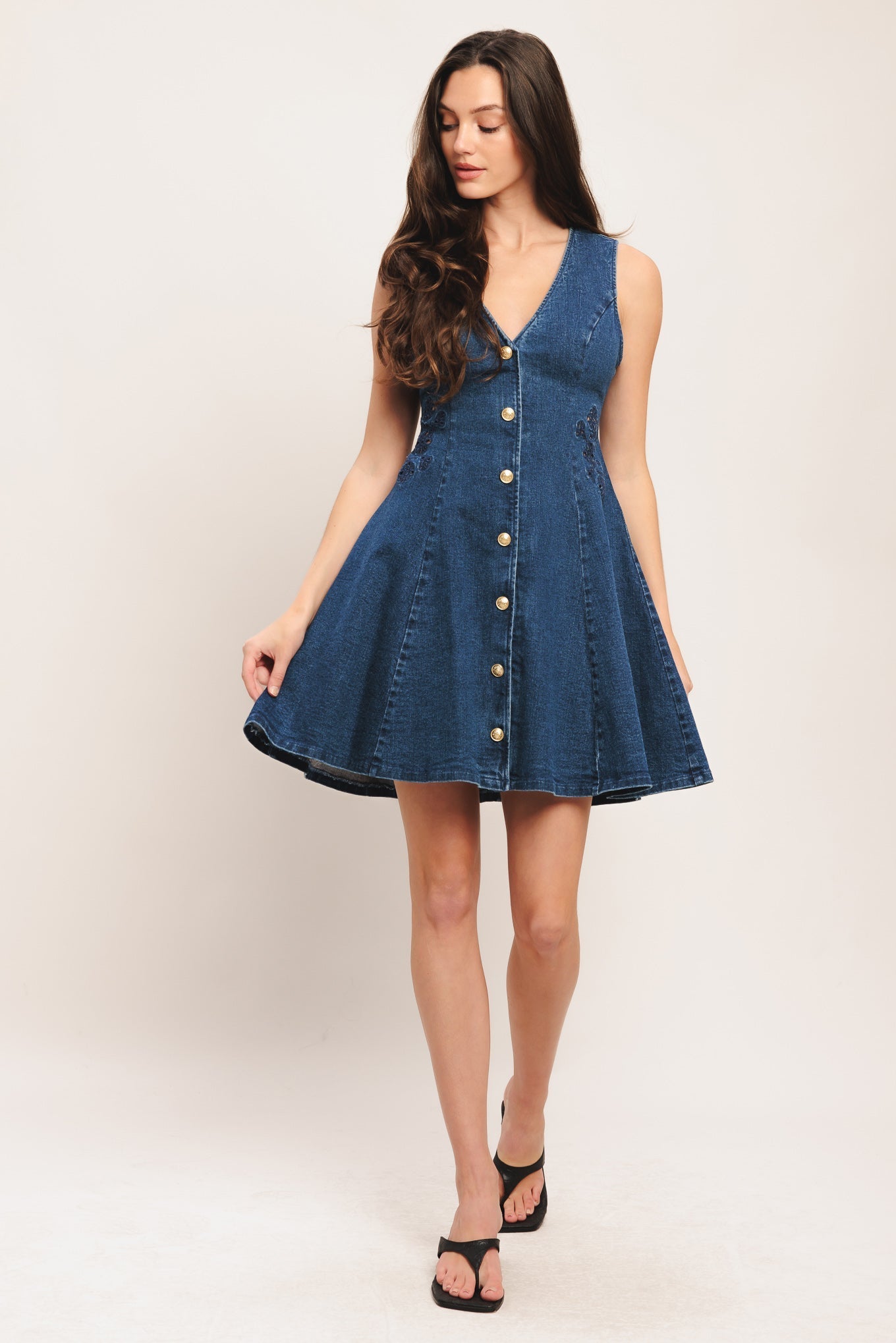 Indigo Flare Denim Mini Dress With Button Down Front V Neck Flying Tomato