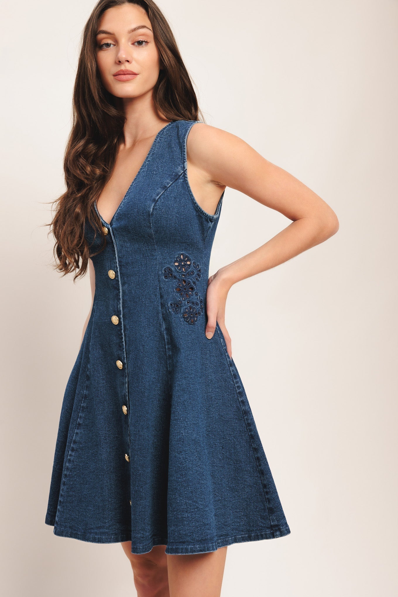 Indigo Flare Denim Mini Dress With Button Down Front V Neck Flying Tomato