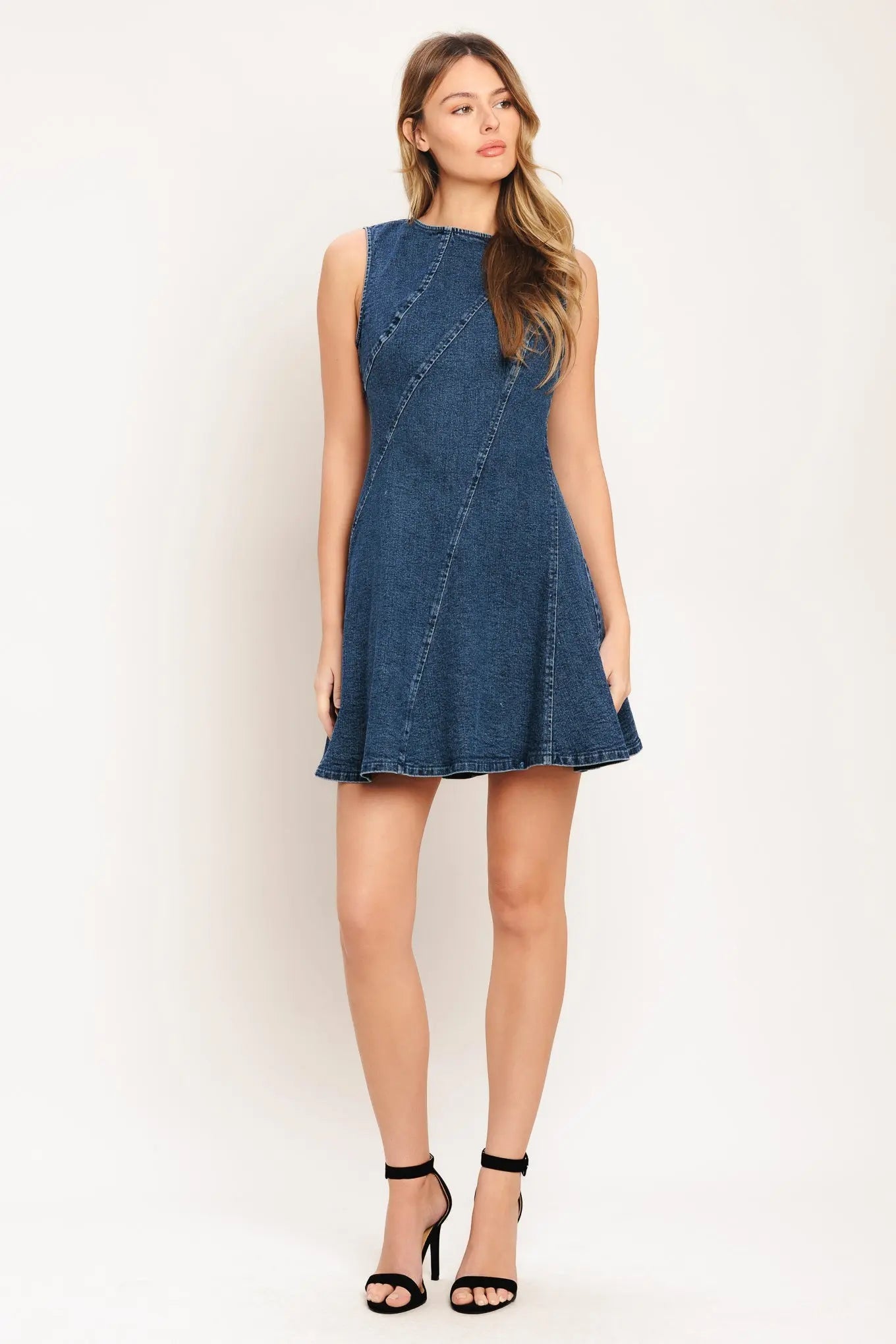 Day To Night Denim Mini Dress With Round Neckline And Back Zipper Flying Tomato