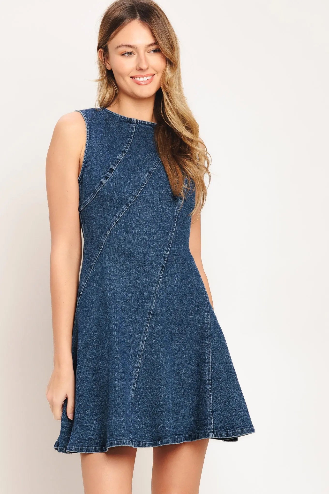 Day To Night Denim Mini Dress With Round Neckline And Back Zipper Flying Tomato