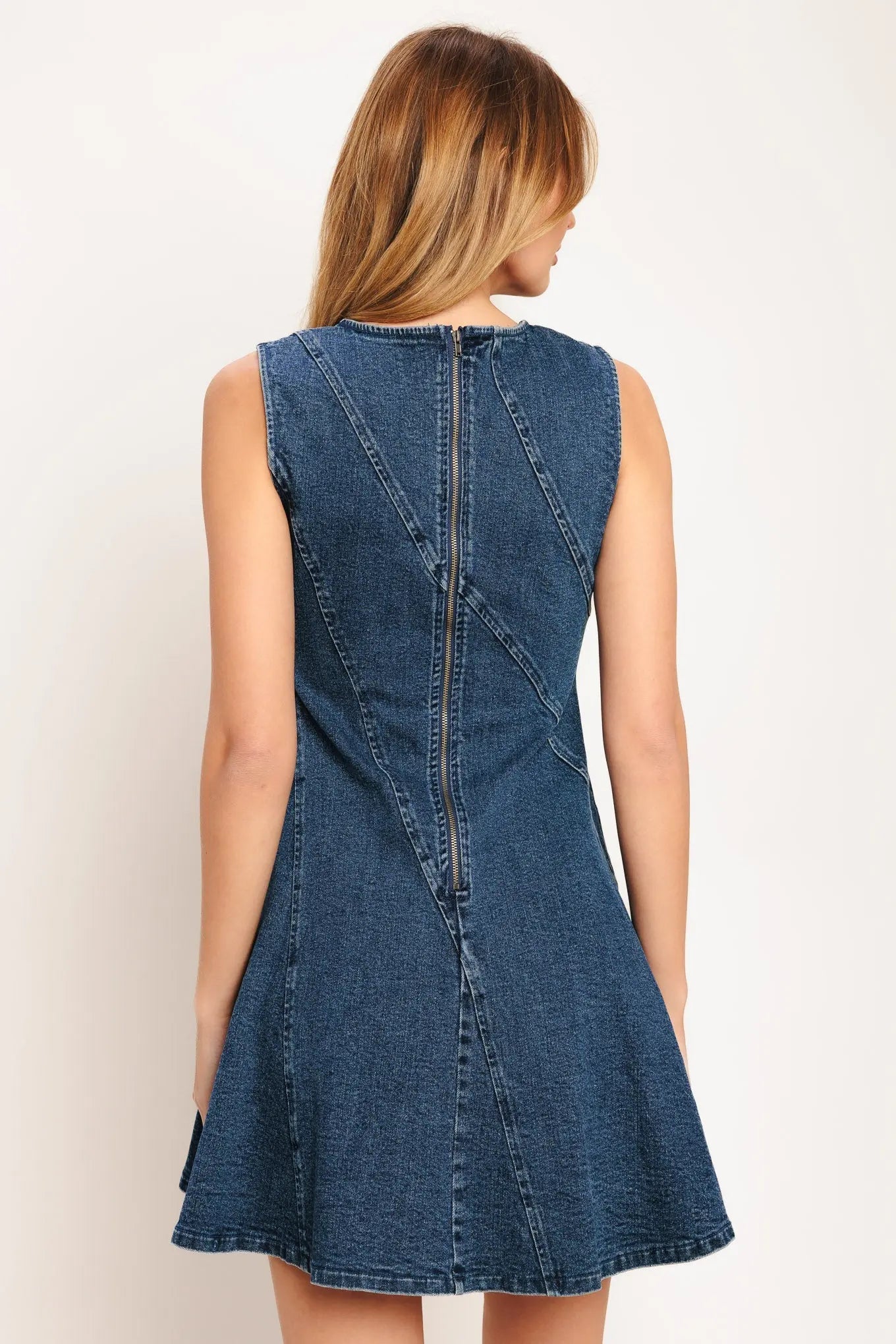 Day To Night Denim Mini Dress With Round Neckline And Back Zipper Flying Tomato
