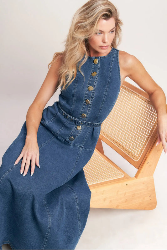 Sunday Stroll Denim Midi Dress With Button Front Belted Silhouette Flying Tomato