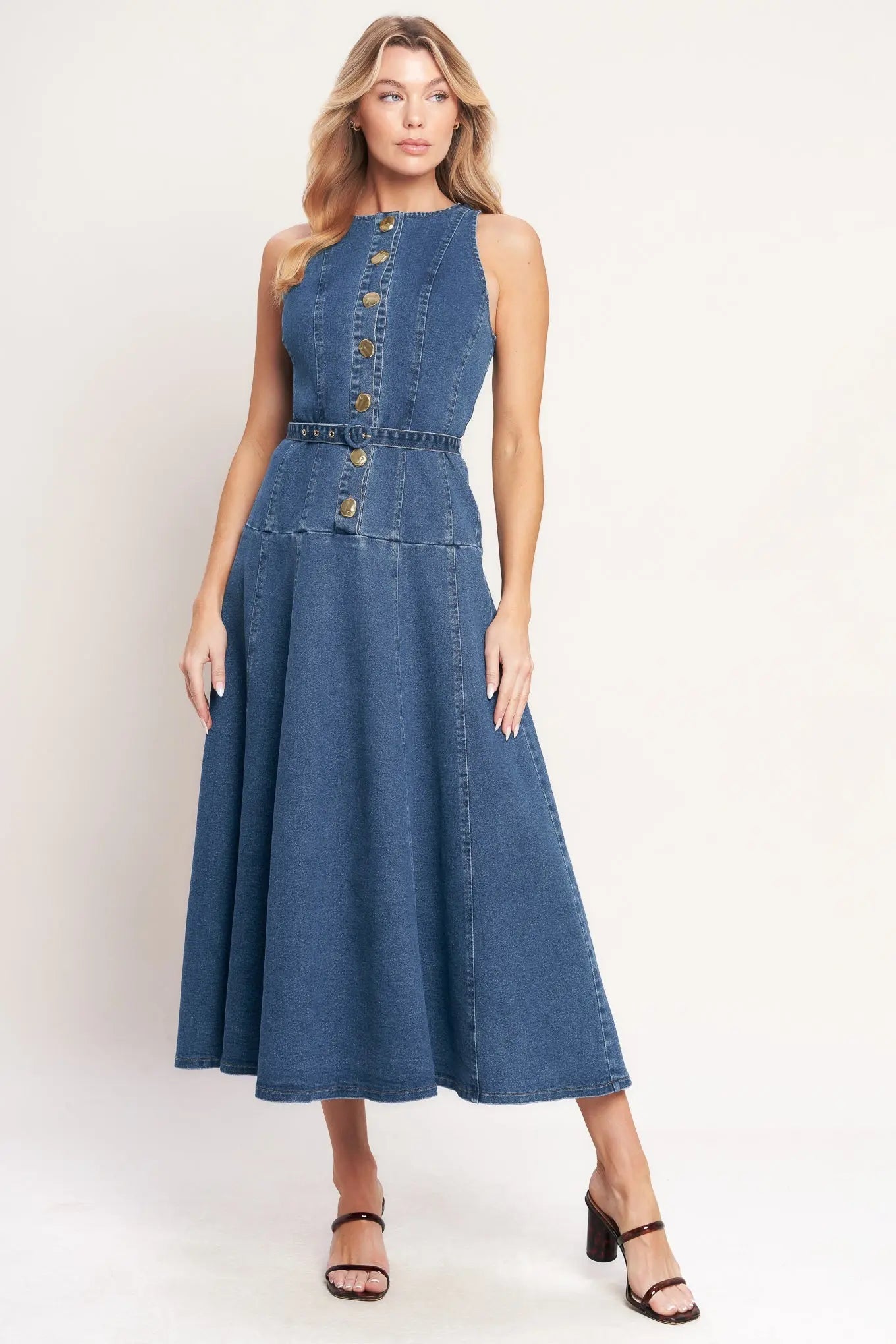 Sunday Stroll Denim Midi Dress With Button Front Belted Silhouette Flying Tomato