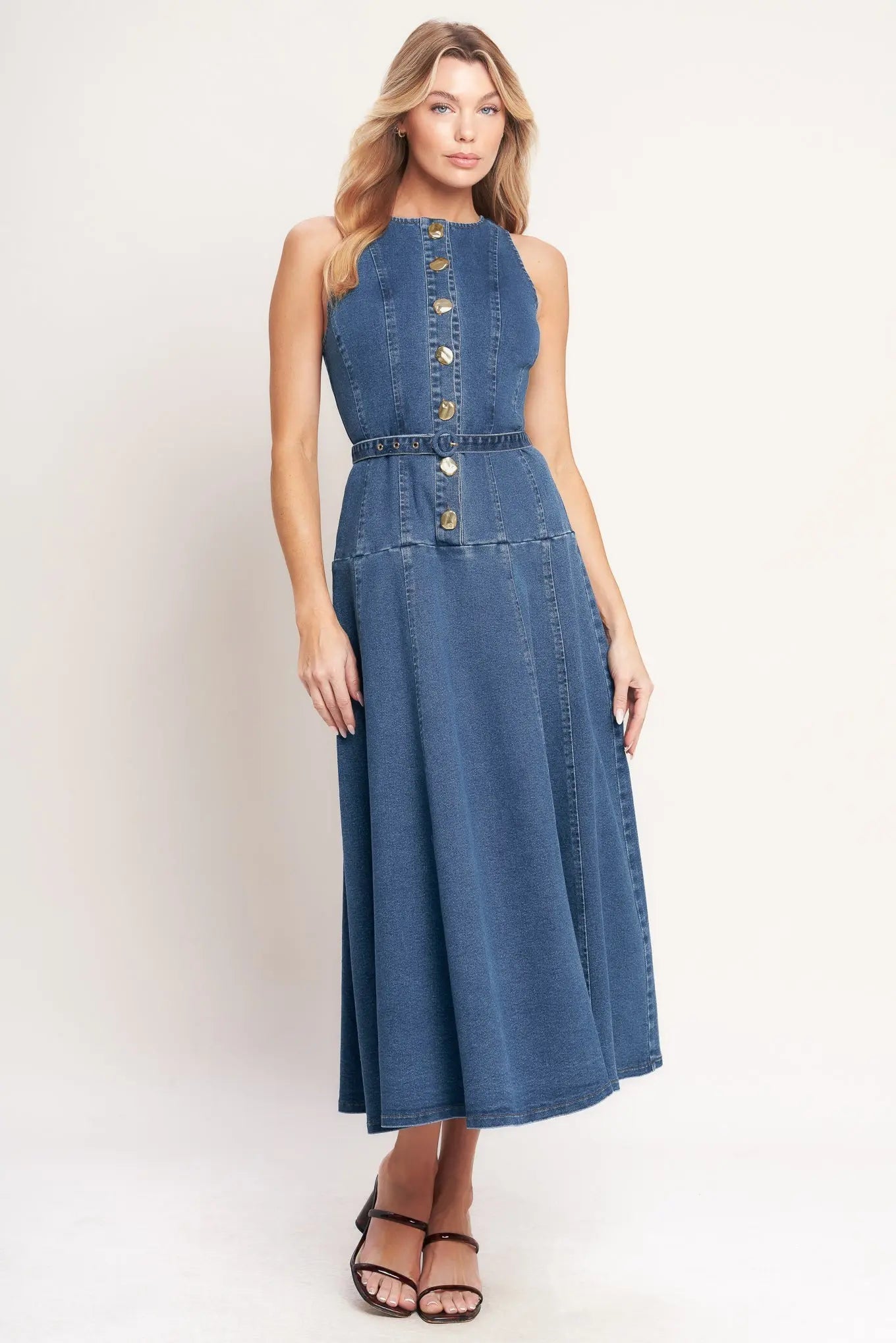 Sunday Stroll Denim Midi Dress With Button Front Belted Silhouette Flying Tomato