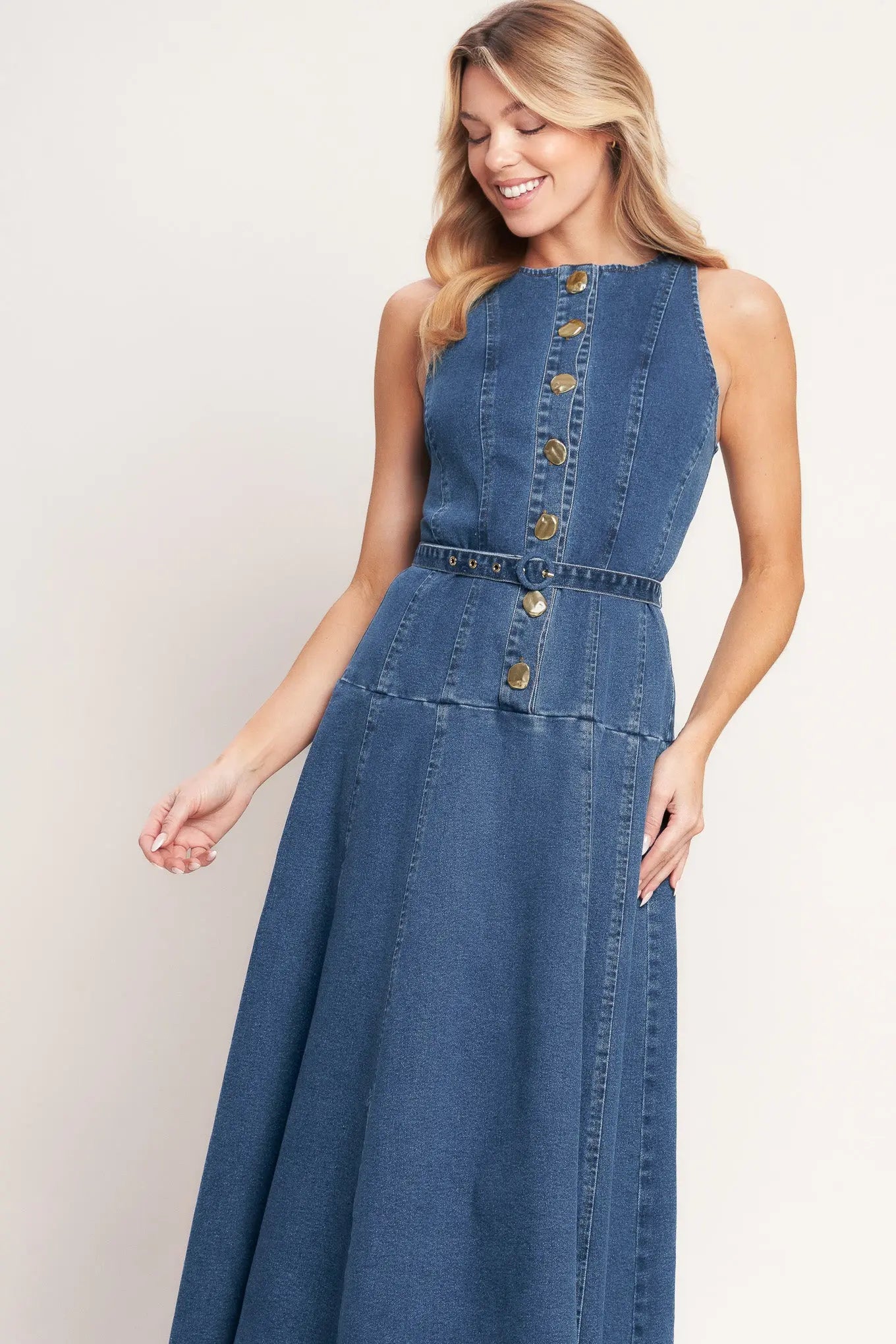Sunday Stroll Denim Midi Dress With Button Front Belted Silhouette Flying Tomato