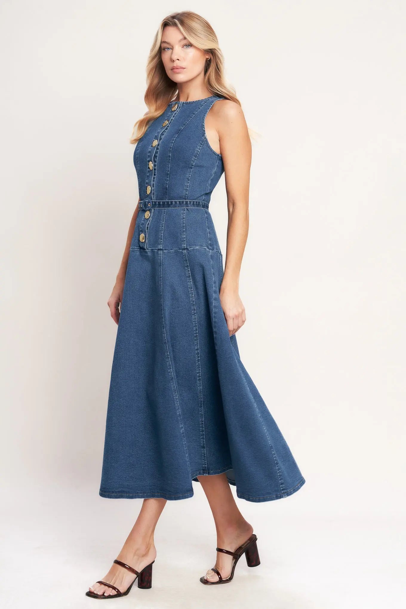 Sunday Stroll Denim Midi Dress With Button Front Belted Silhouette Flying Tomato