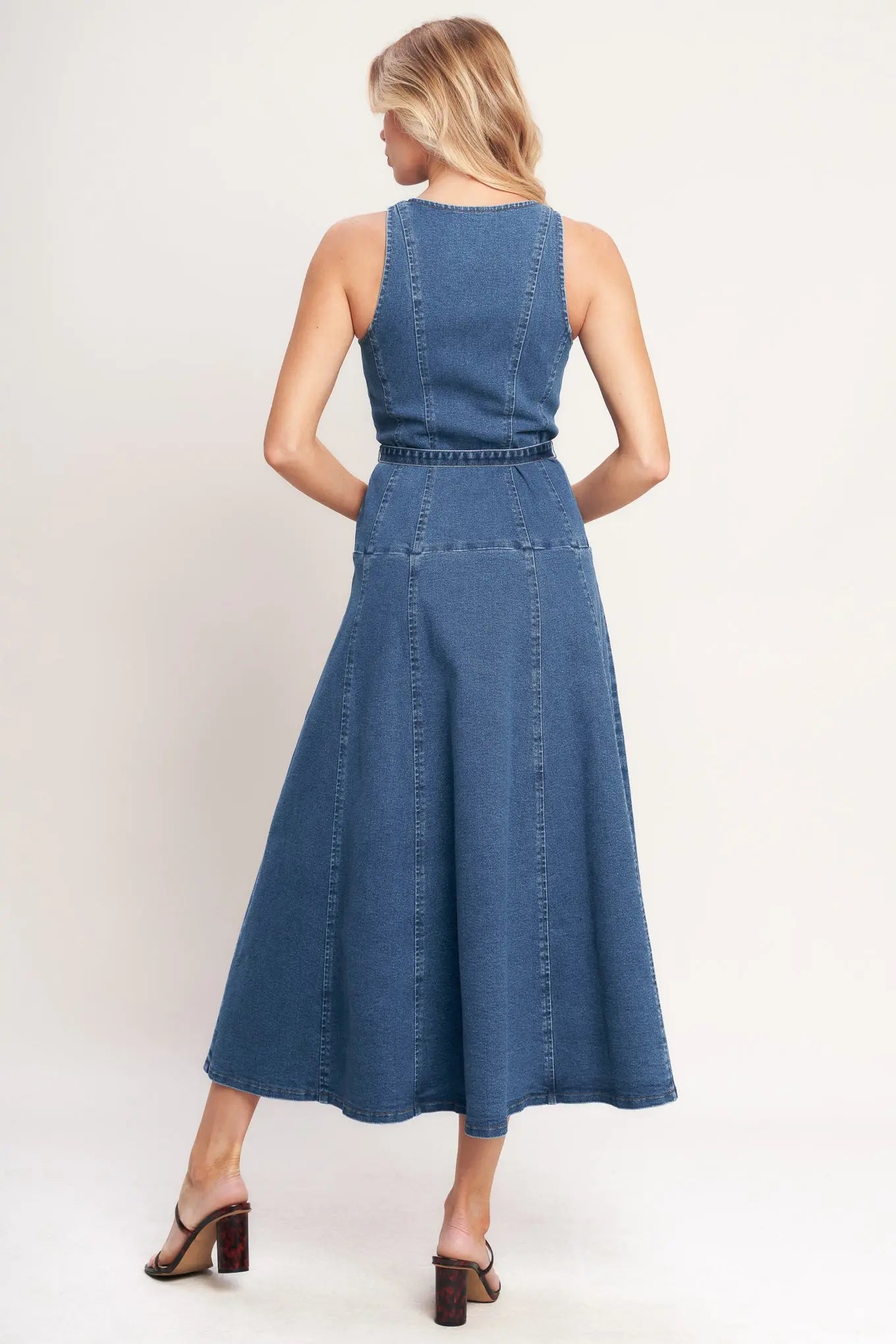 Sunday Stroll Denim Midi Dress With Button Front Belted Silhouette Flying Tomato