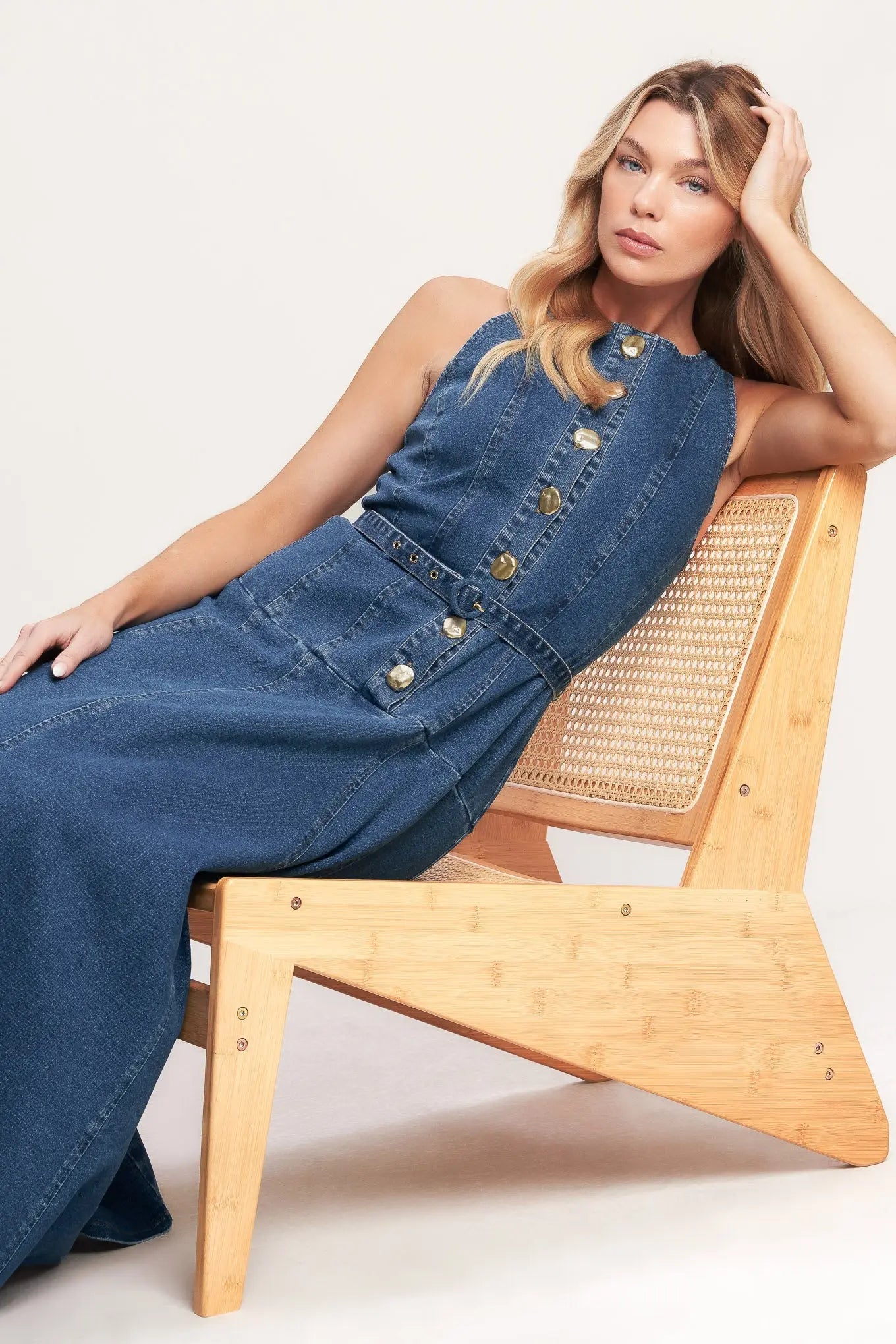 Sunday Stroll Denim Midi Dress With Button Front Belted Silhouette Flying Tomato