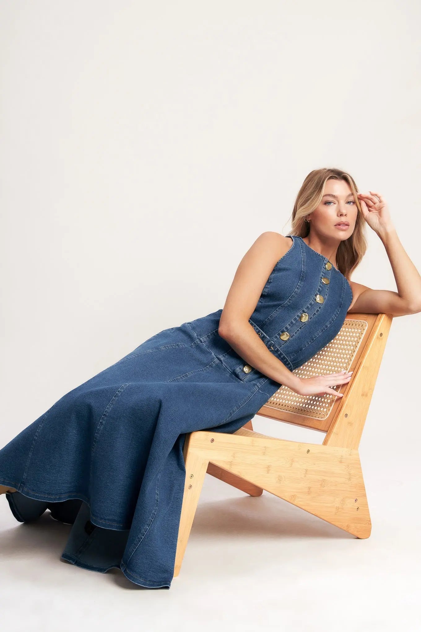 Sunday Stroll Denim Midi Dress With Button Front Belted Silhouette Flying Tomato