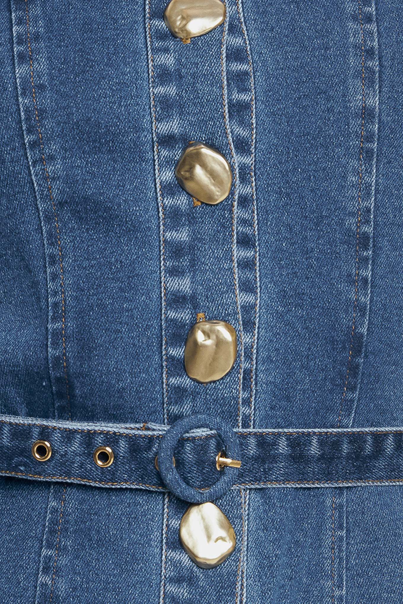 Sunday Stroll Denim Midi Dress With Button Front Belted Silhouette Flying Tomato