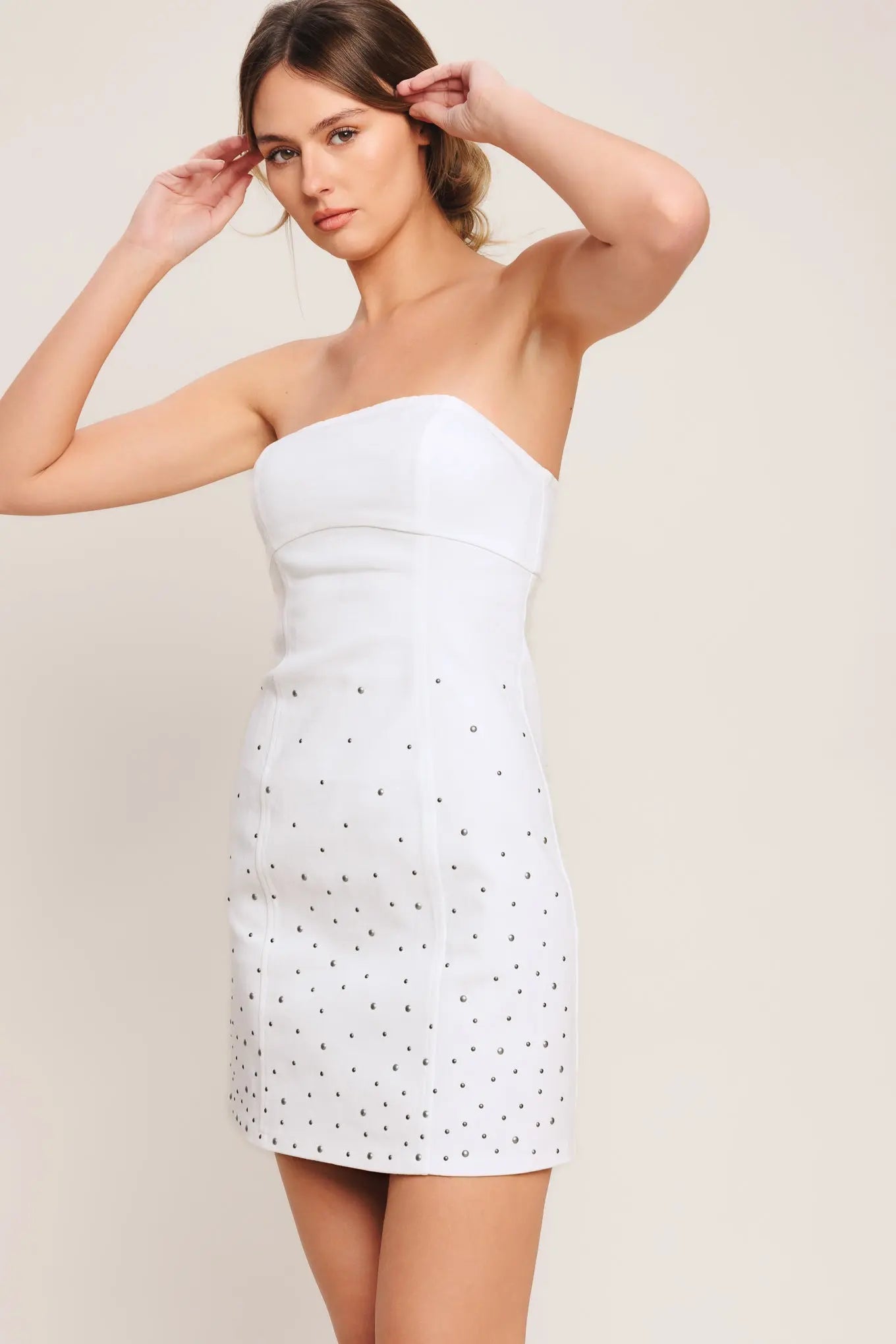 City To Coast Strapless Stud Embellished Woven Mini Dress Flying Tomato