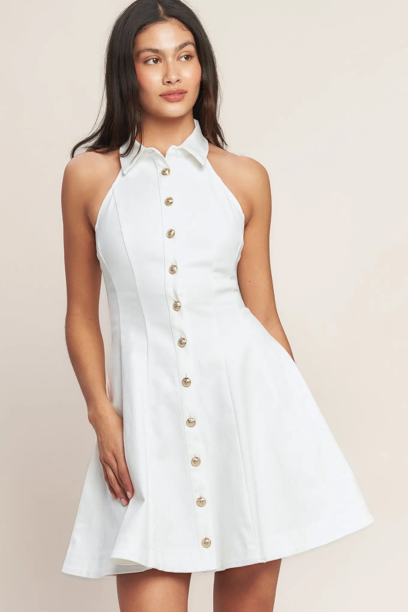 Always Adorable White Sleeveless Collared Mini Dress With Gold Button Front Flying Tomato