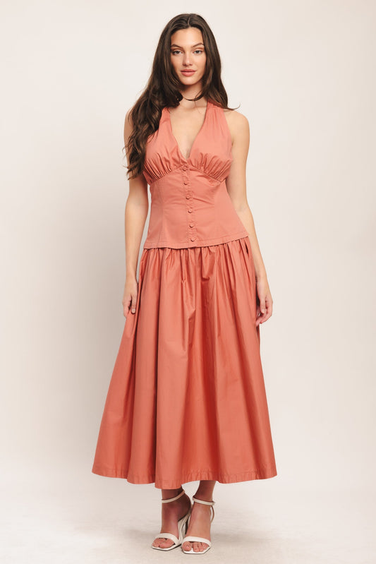 Sunset Muse Halter Neck Woven Midi Dress With Front Button Detail Flying Tomato