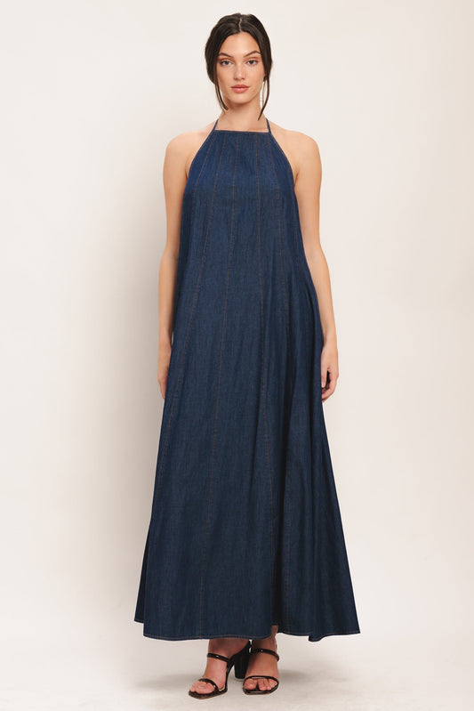 Quiet Statement Denim Midi Dress With Bib Neckline And Back Tie Flying Tomato
