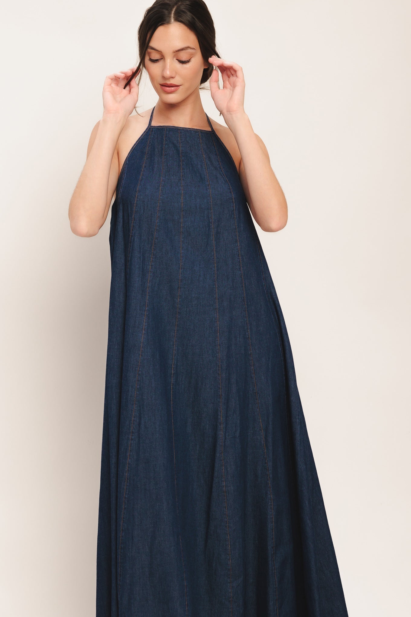 Quiet Statement Denim Midi Dress With Bib Neckline And Back Tie Flying Tomato