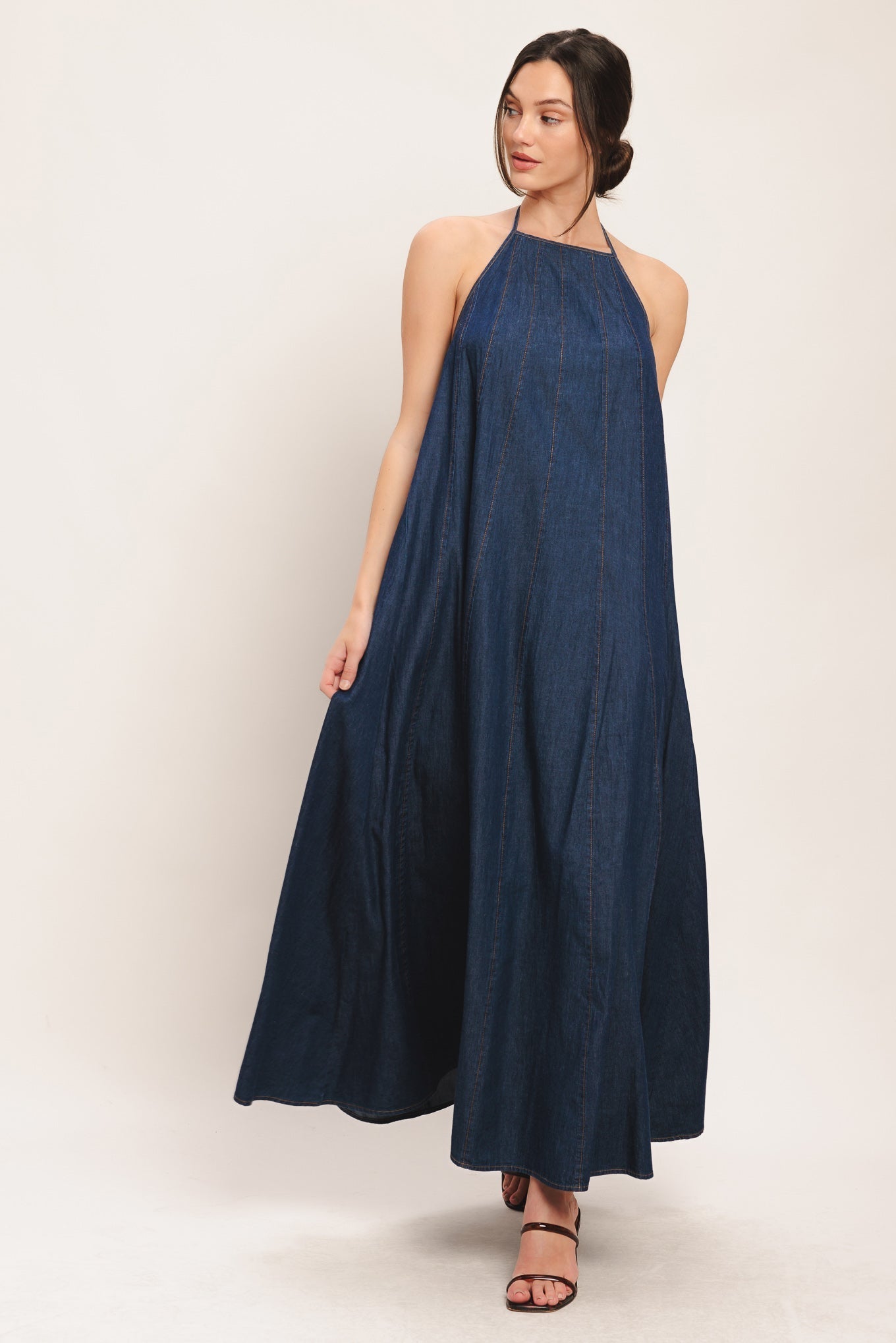 Quiet Statement Denim Midi Dress With Bib Neckline And Back Tie Flying Tomato