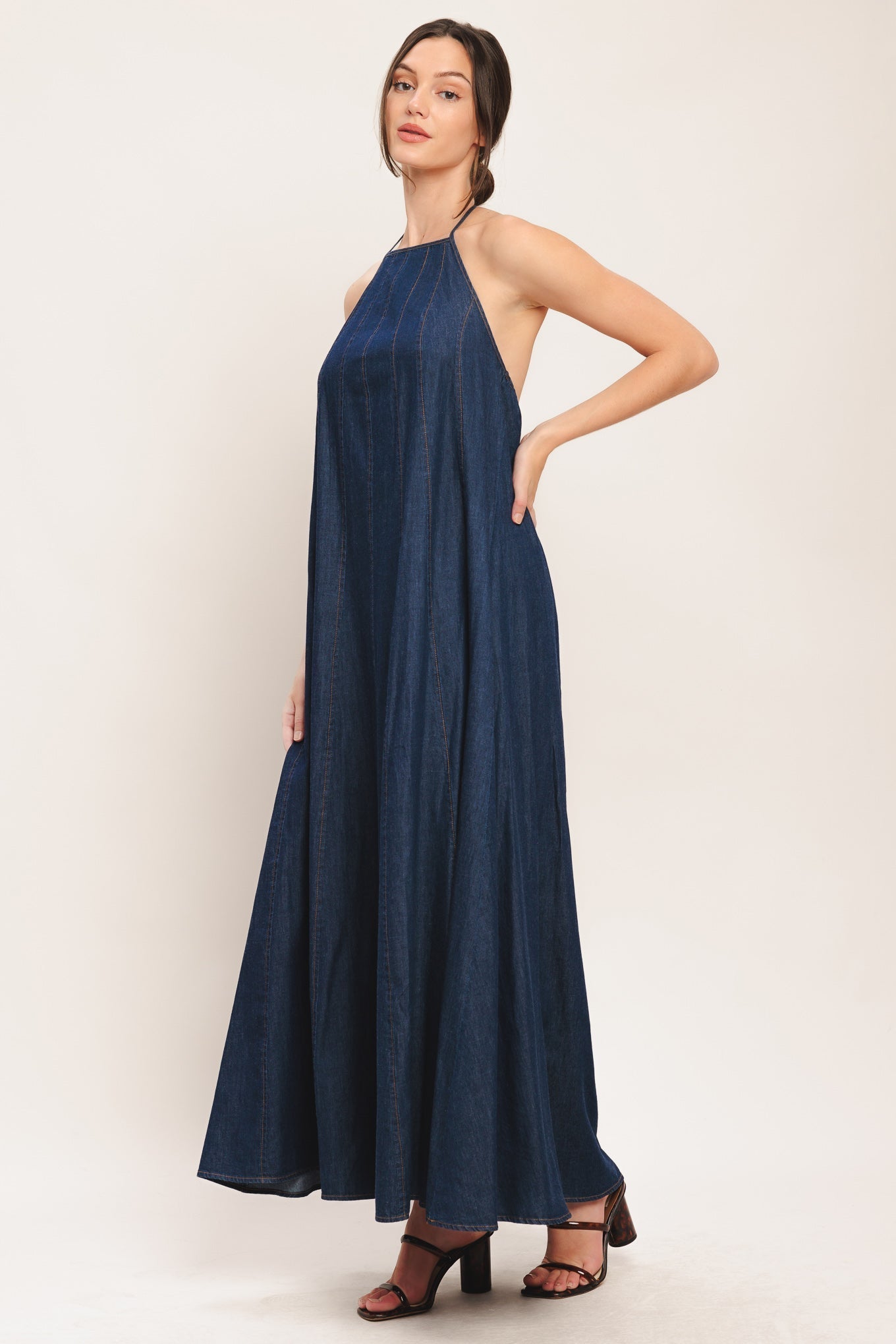 Quiet Statement Denim Midi Dress With Bib Neckline And Back Tie Flying Tomato