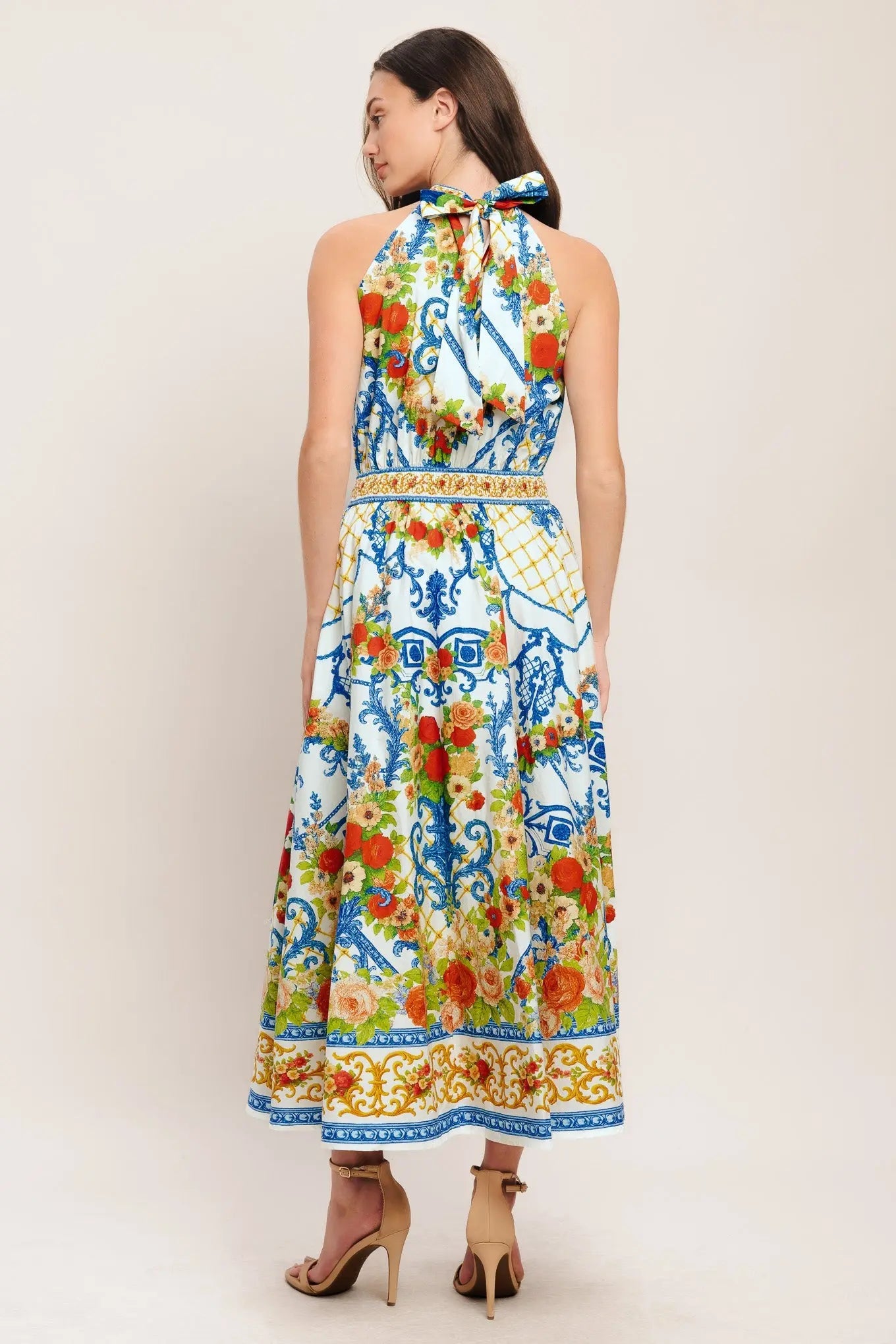 Ceramic Flora Printed Woven Midi Dress Halter Neck Back Tie Full Skirt Flying Tomato