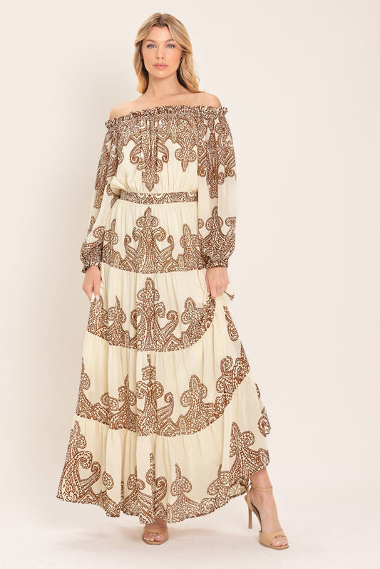 Flying Tomato Bella Terra Woven Maxi Dress, full length, flowing silhouette, natural fabric for women's apparel.