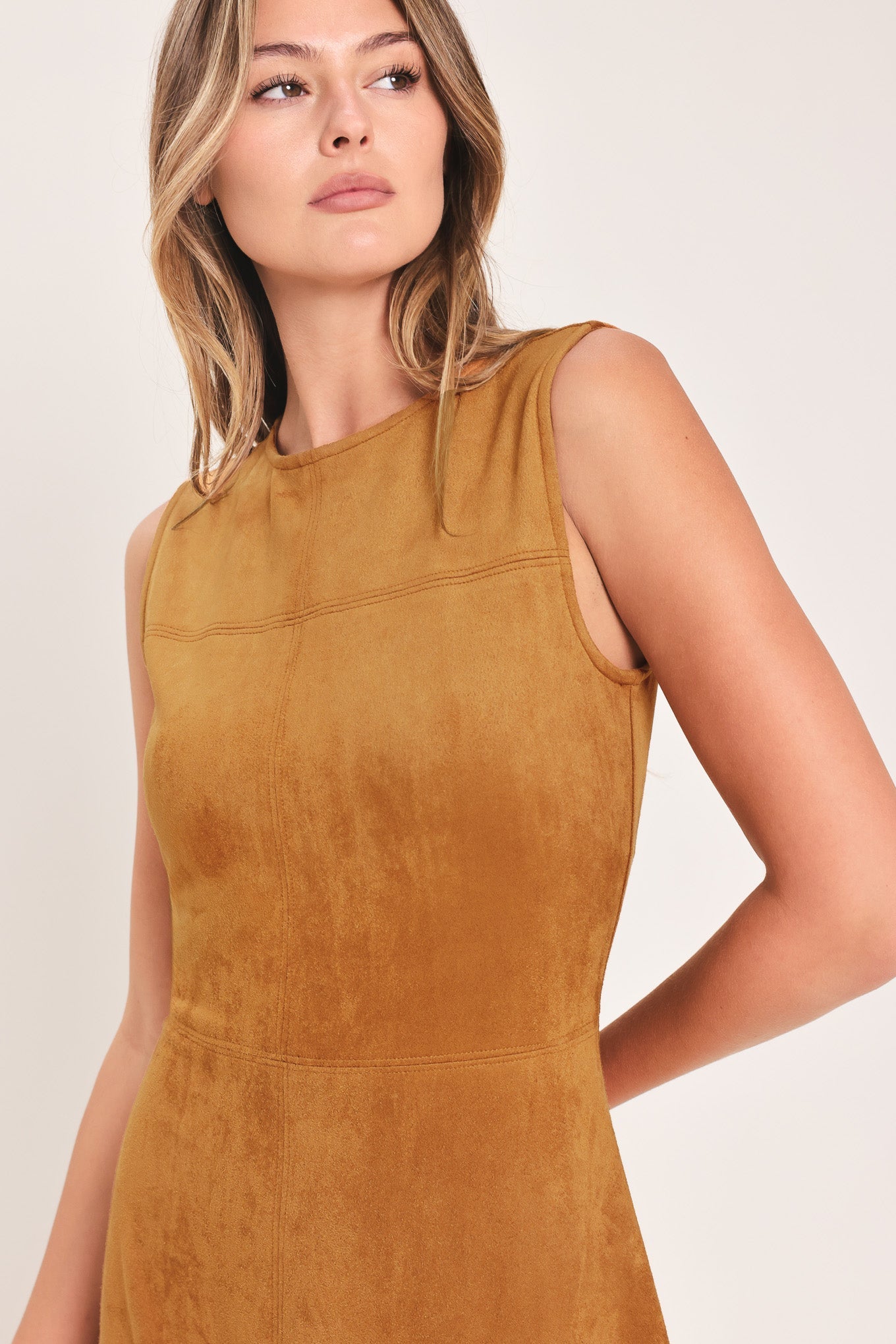Camel Faux Suede Sleeveless Round Neck Fit And Flare Midi Dress