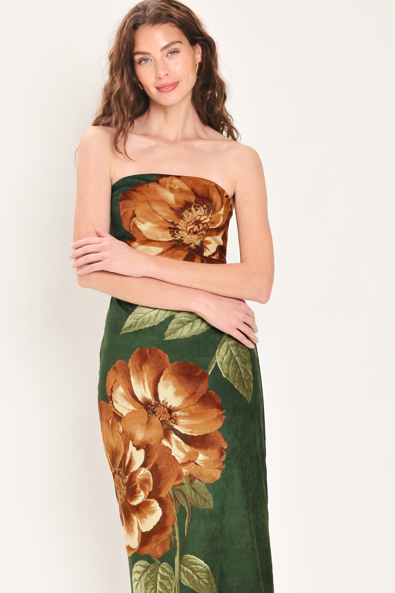 Hunter Green Floral Strapless Tube Midi Dress With Back Zipper