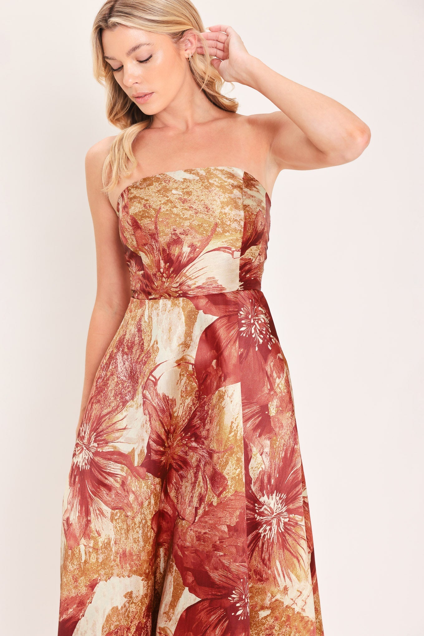Cinnamon Floral Printed Strapless Woven Midi Dress Circle Skirt