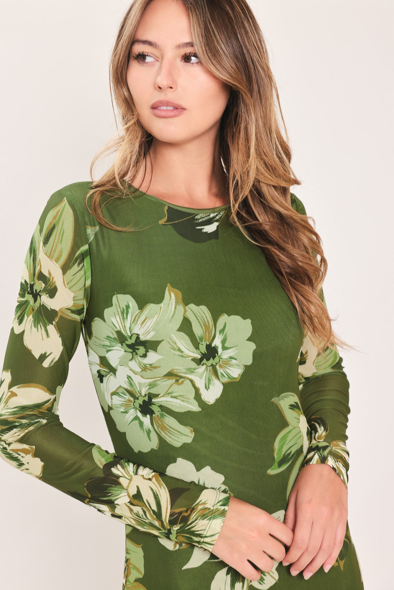 ENCHANTED GROVE MOSS GREEN PRINTED MESH ANKLE DRESS