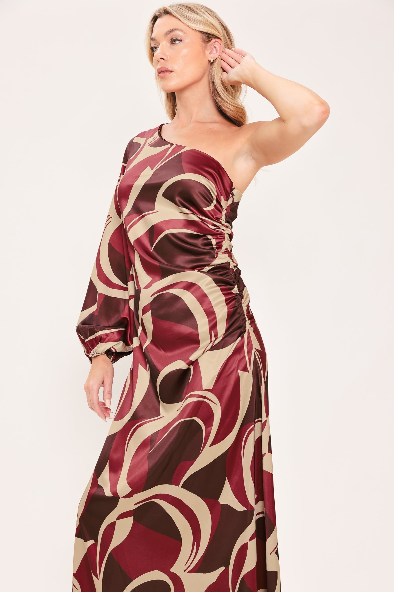 Womens Burgundy Abstract Swirl One Shoulder Long Sleeve Maxi Dress