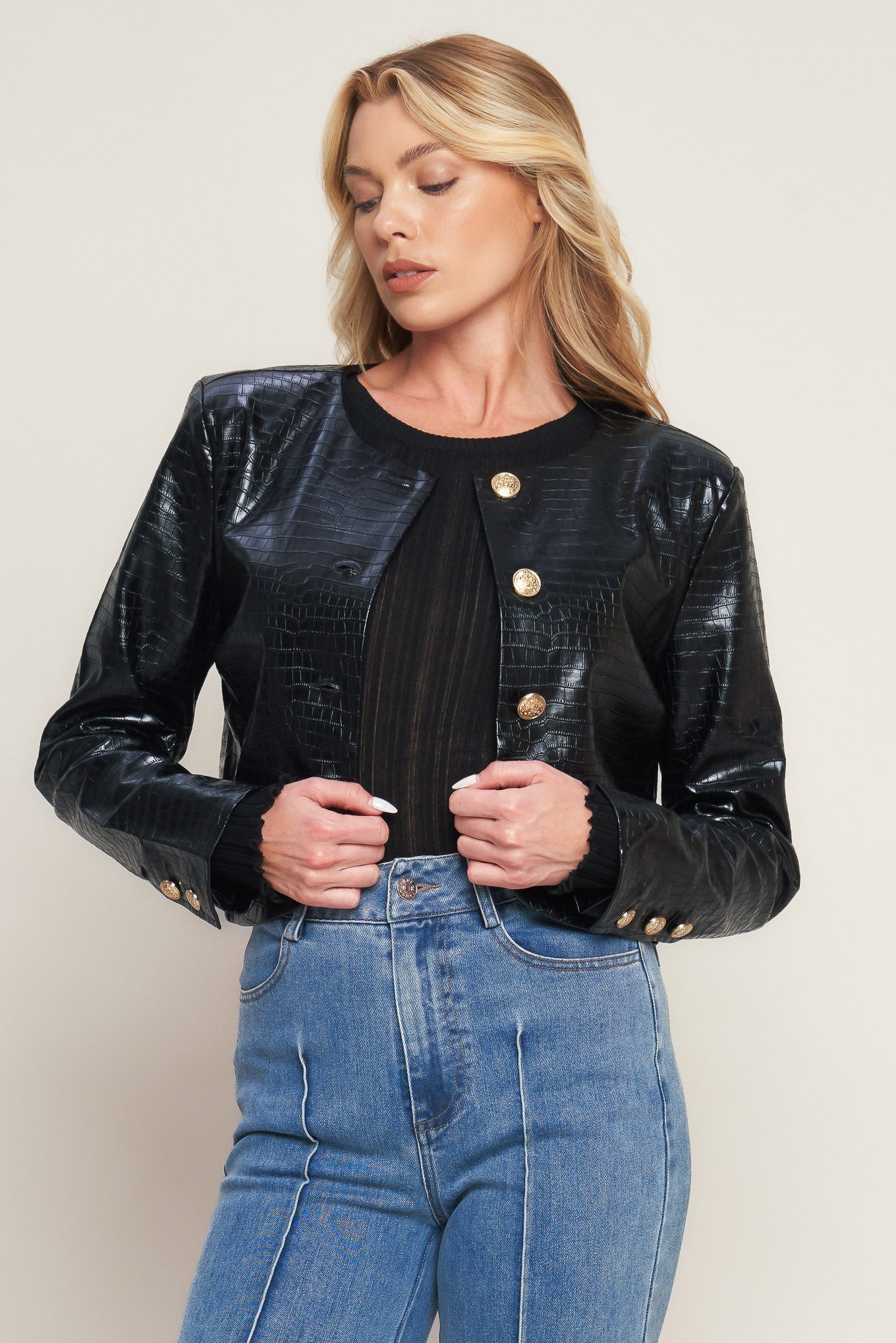 AT THE START FAUX LEATHER BOLERO JACKET Flying Tomato